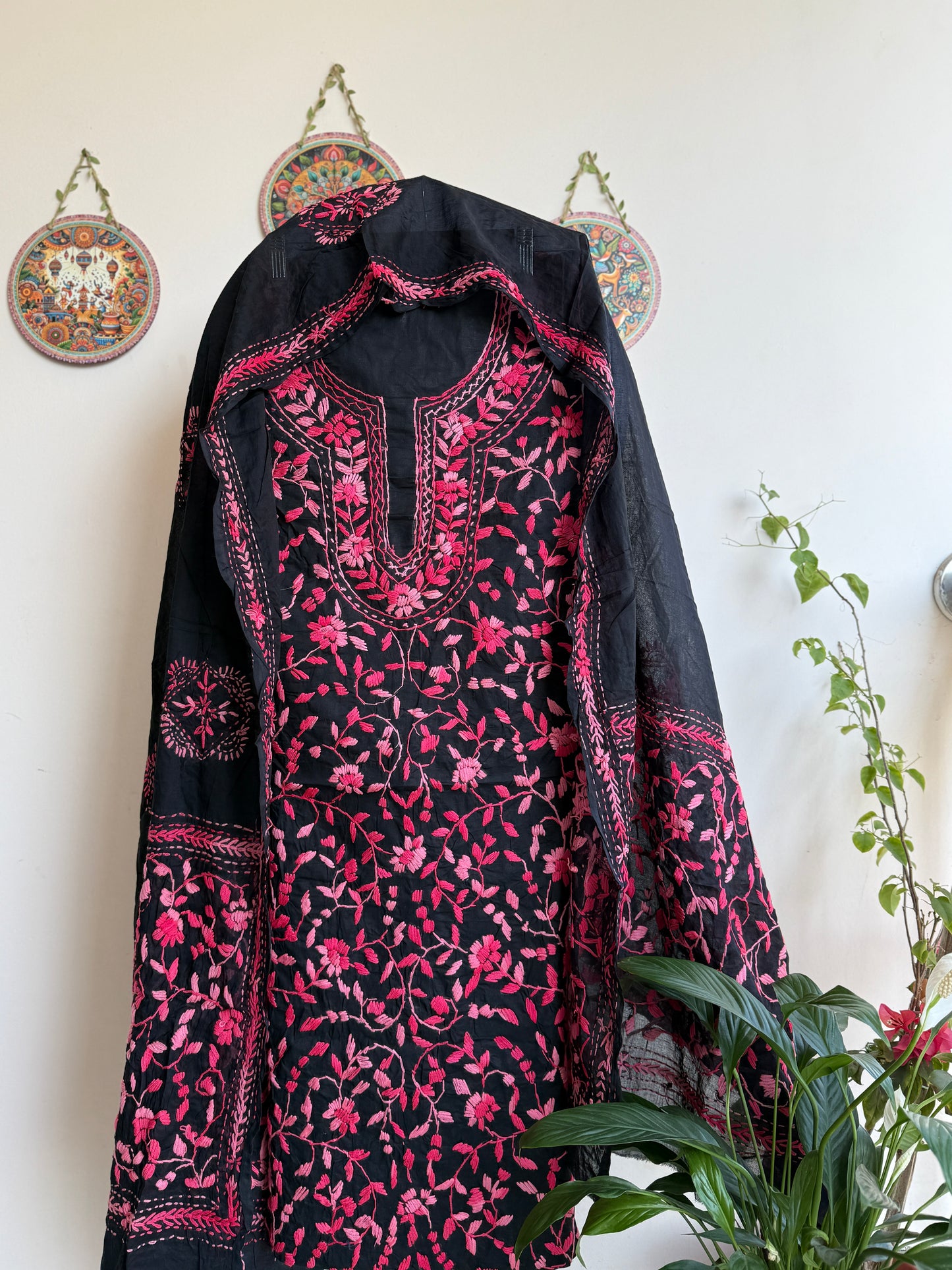 🌼 Bengal Handloom – Phulkari Pure Cotton Embroidered Suit Set-Coloured Base