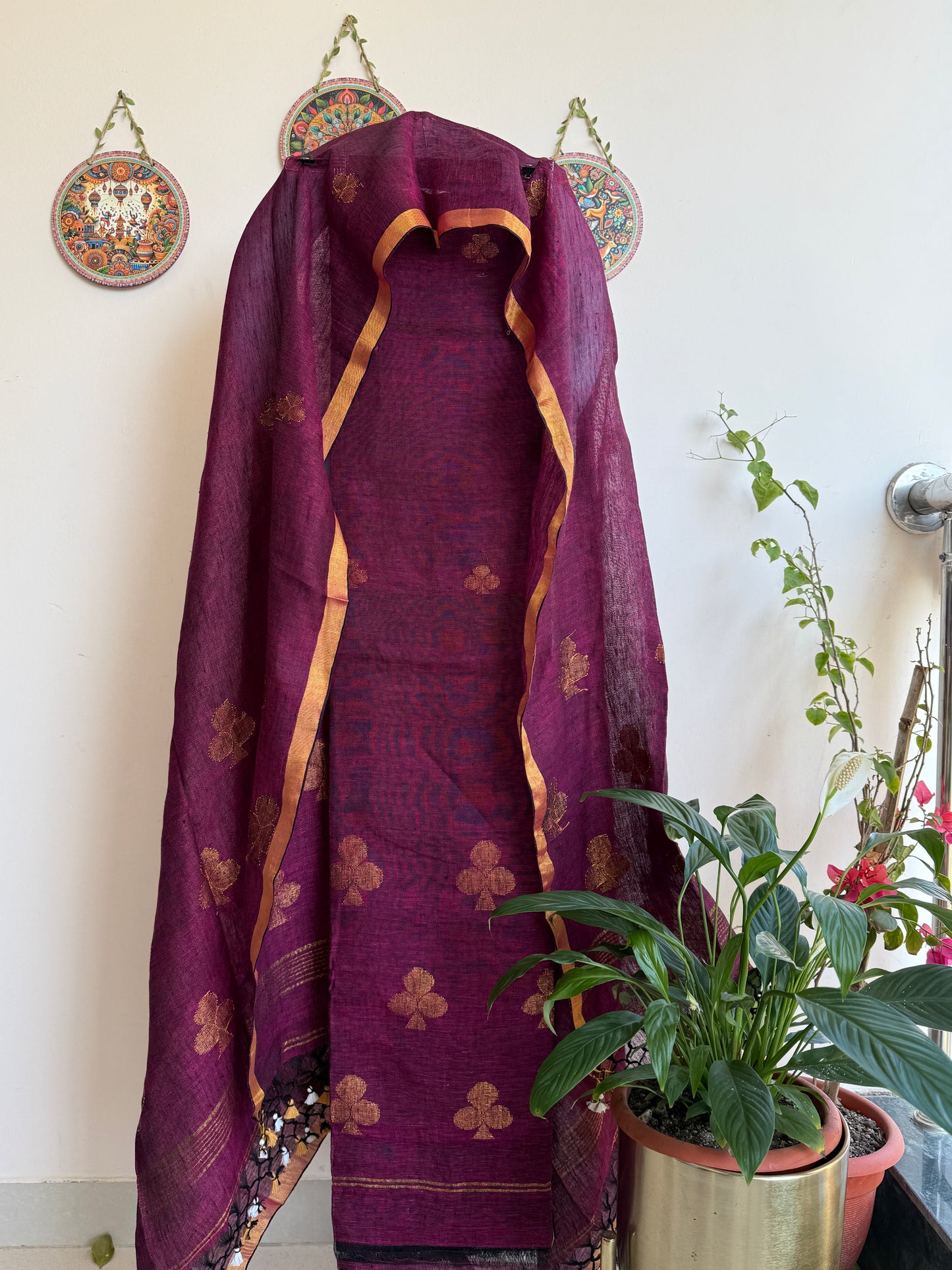 Jamdani- ✨ Pure Linen Jamdani Weaving Kurta & Dupatta Set ✨