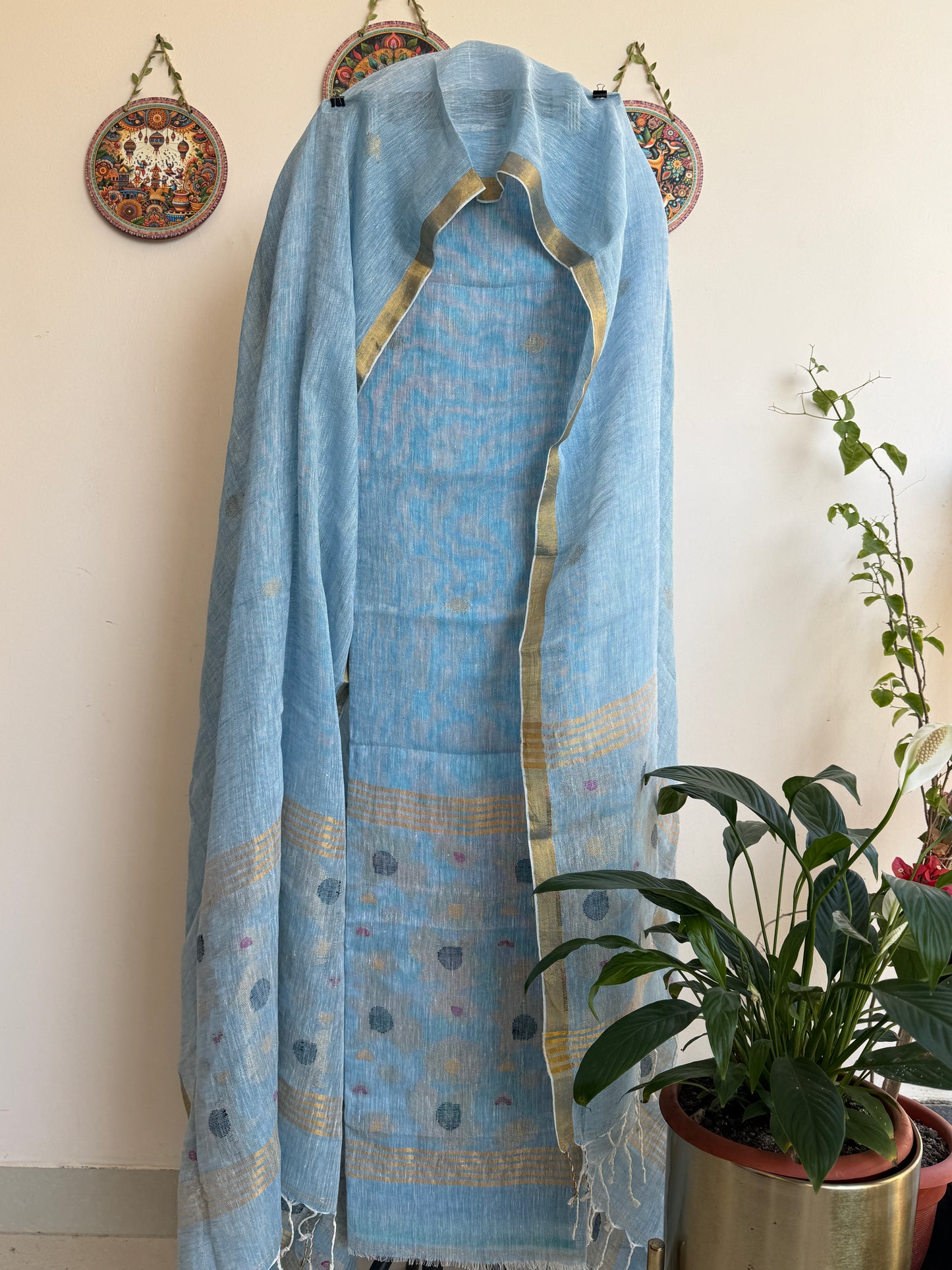 Jamdani- ✨ Pure Linen Jamdani Weaving Kurta & Dupatta Set ✨