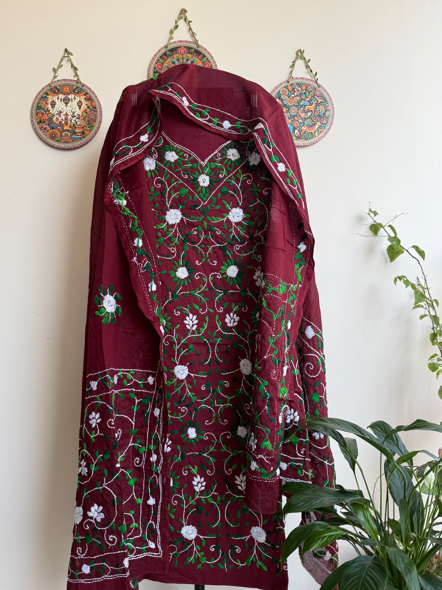 🌼 Bengal Handloom – Phulkari Pure Cotton Embroidered Suit Set-Coloured Base