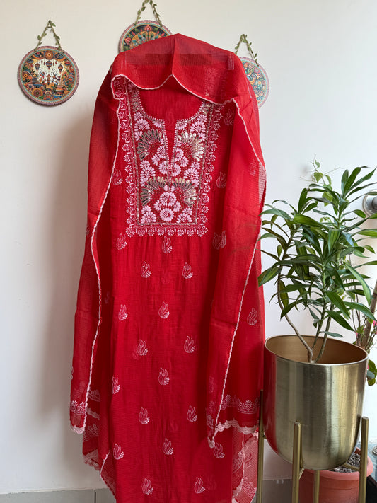 Lucknowi Chikankari Kota Doria Suit Set with Mukaish Work