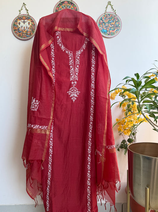 Lucknowi Chikankari Set – Pure Mul Chanderi Handcrafted Elegance