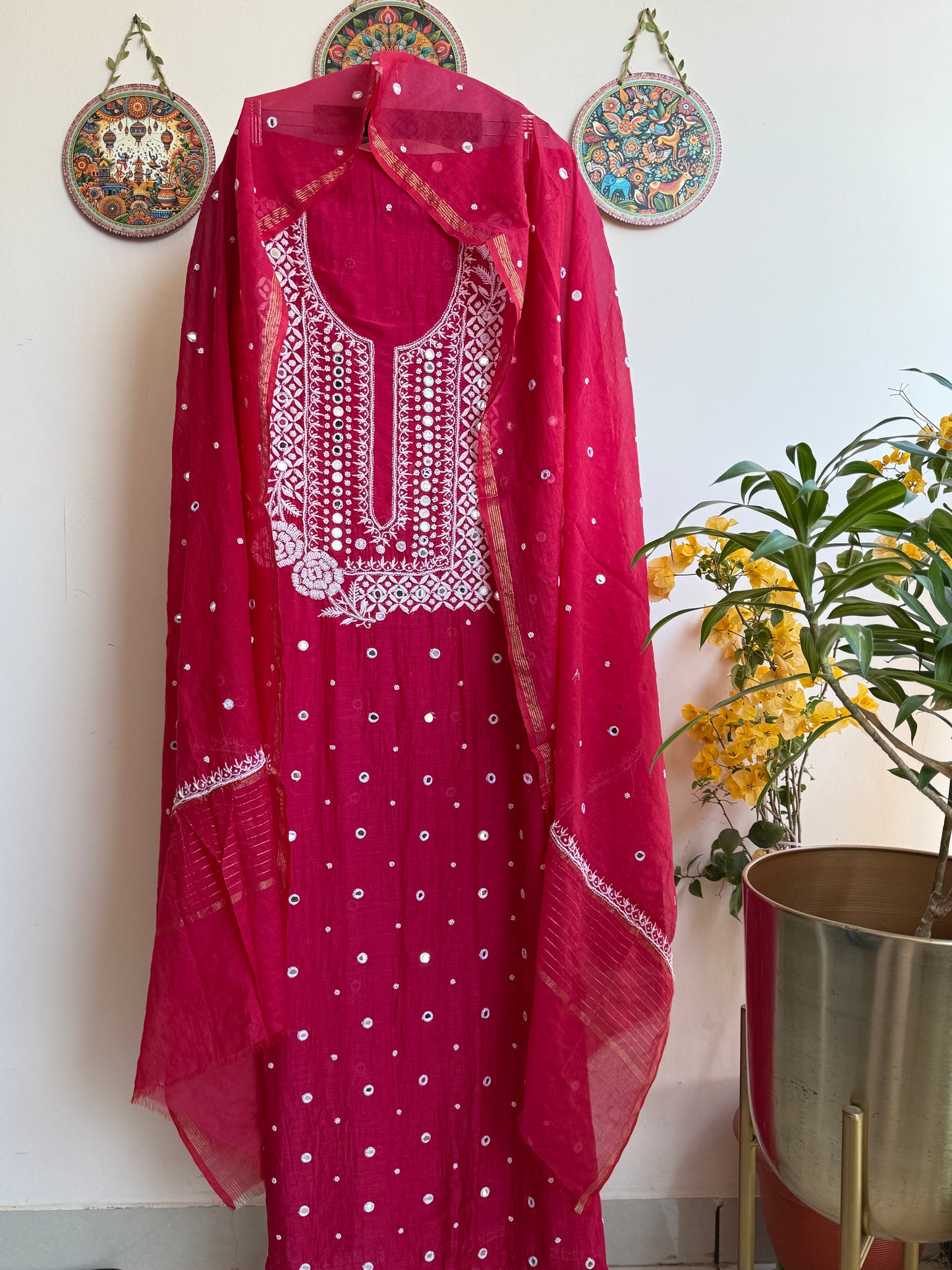 Lucknowi Chikankari Thread Work in Mul Chanderi with add on of Pearl Work and Real Mirror