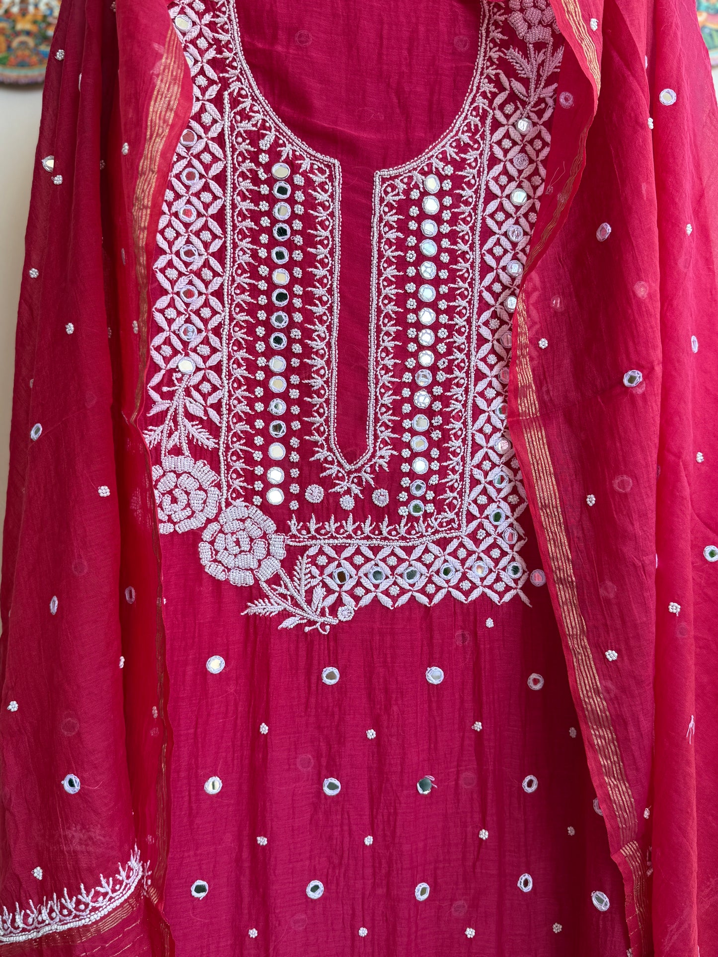 Lucknowi Chikankari Thread Work in Mul Chanderi with add on of Pearl Work and Real Mirror