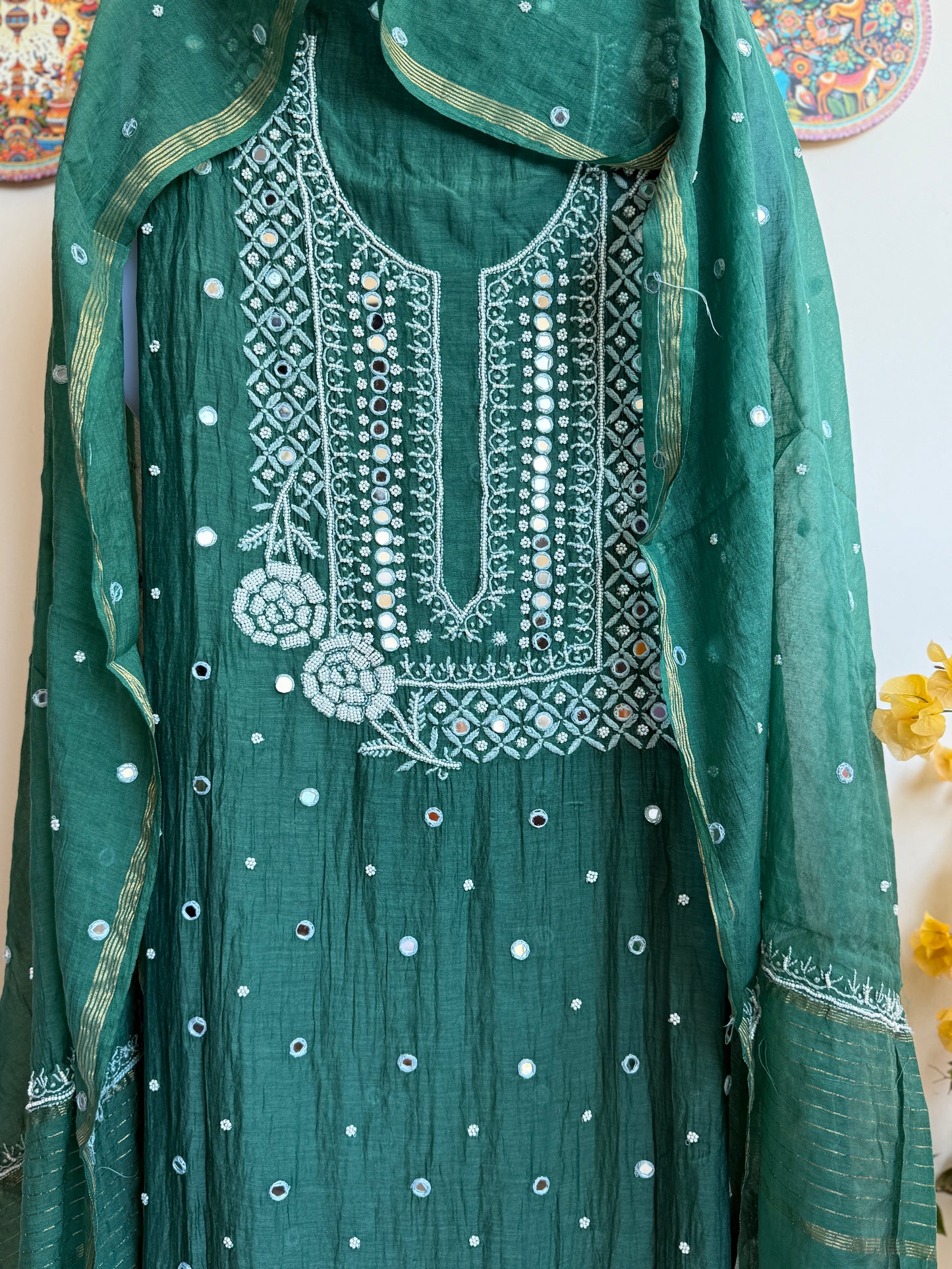 Lucknowi Chikankari Thread Work in Mul Chanderi with add on of Pearl Work and Real Mirror
