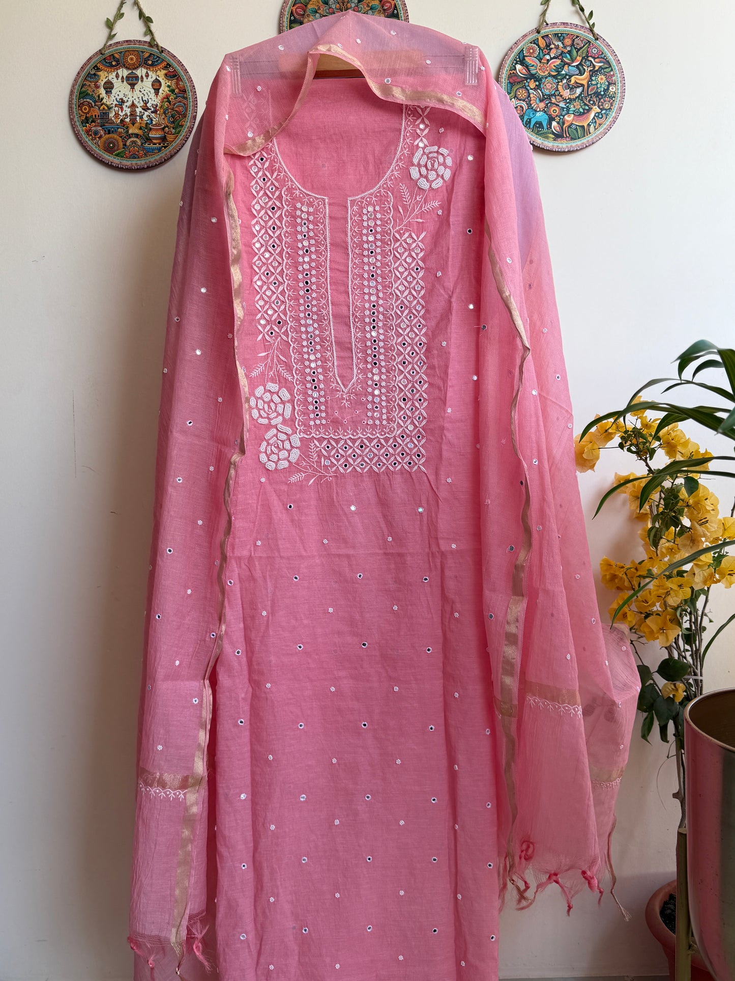 Lucknowi Chikankari Thread Work in Mul Chanderi with add on of Pearl Work and Real Mirror