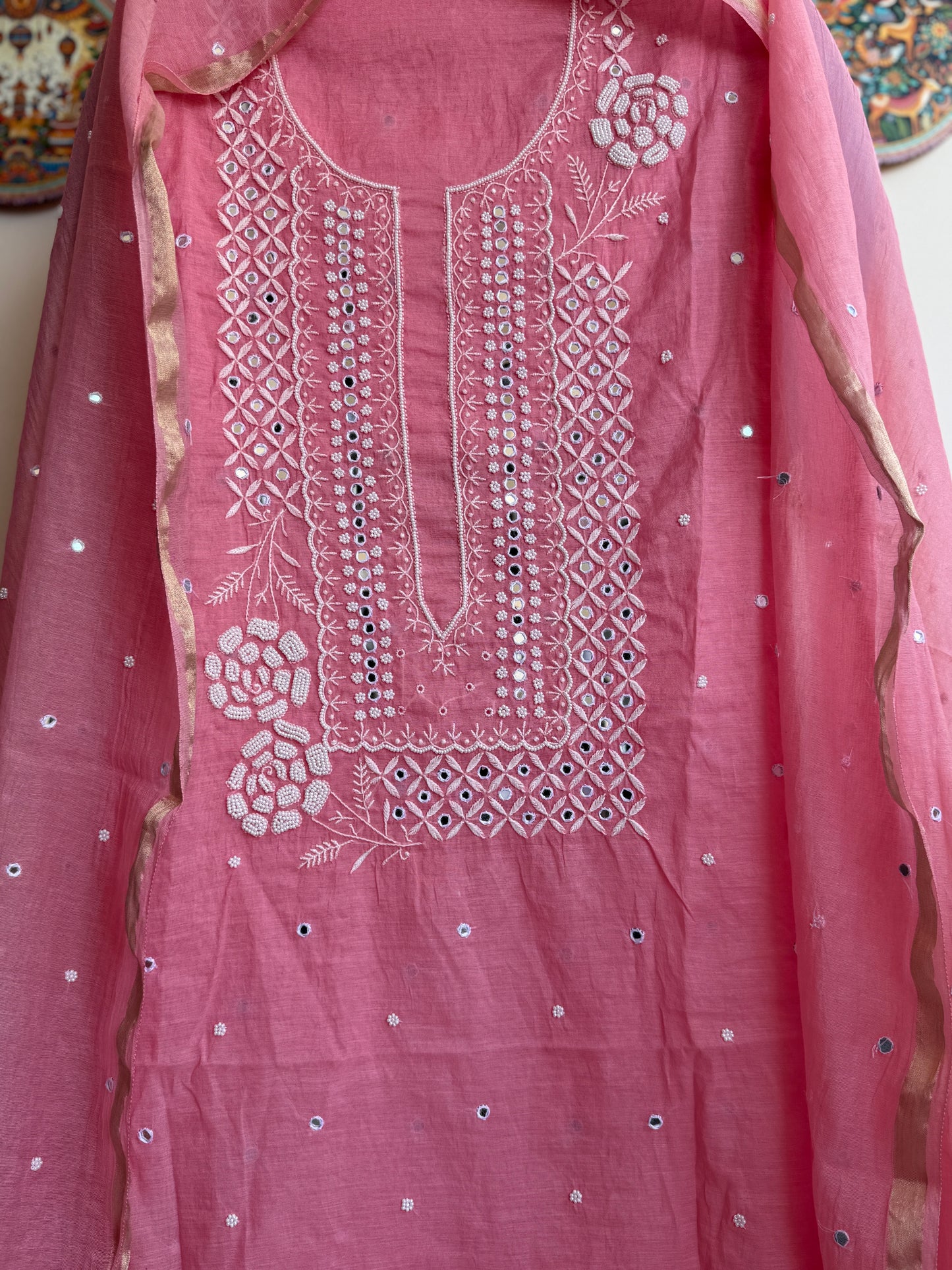 Lucknowi Chikankari Thread Work in Mul Chanderi with add on of Pearl Work and Real Mirror