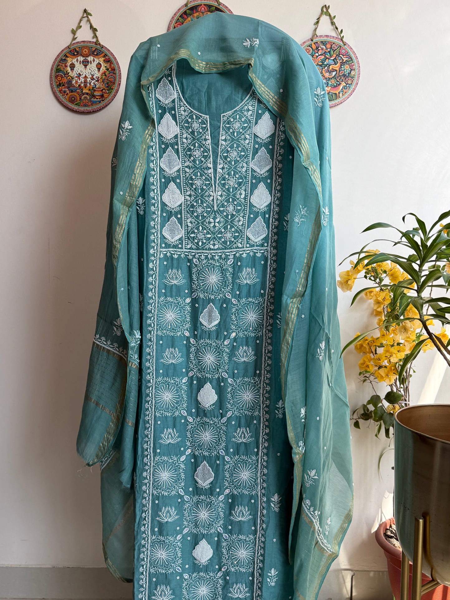 Buy Lucknowi Chikankari Suit Set with Thread Work and full panel work in Mul Chanderi add on Pearl Work and Cut Dana