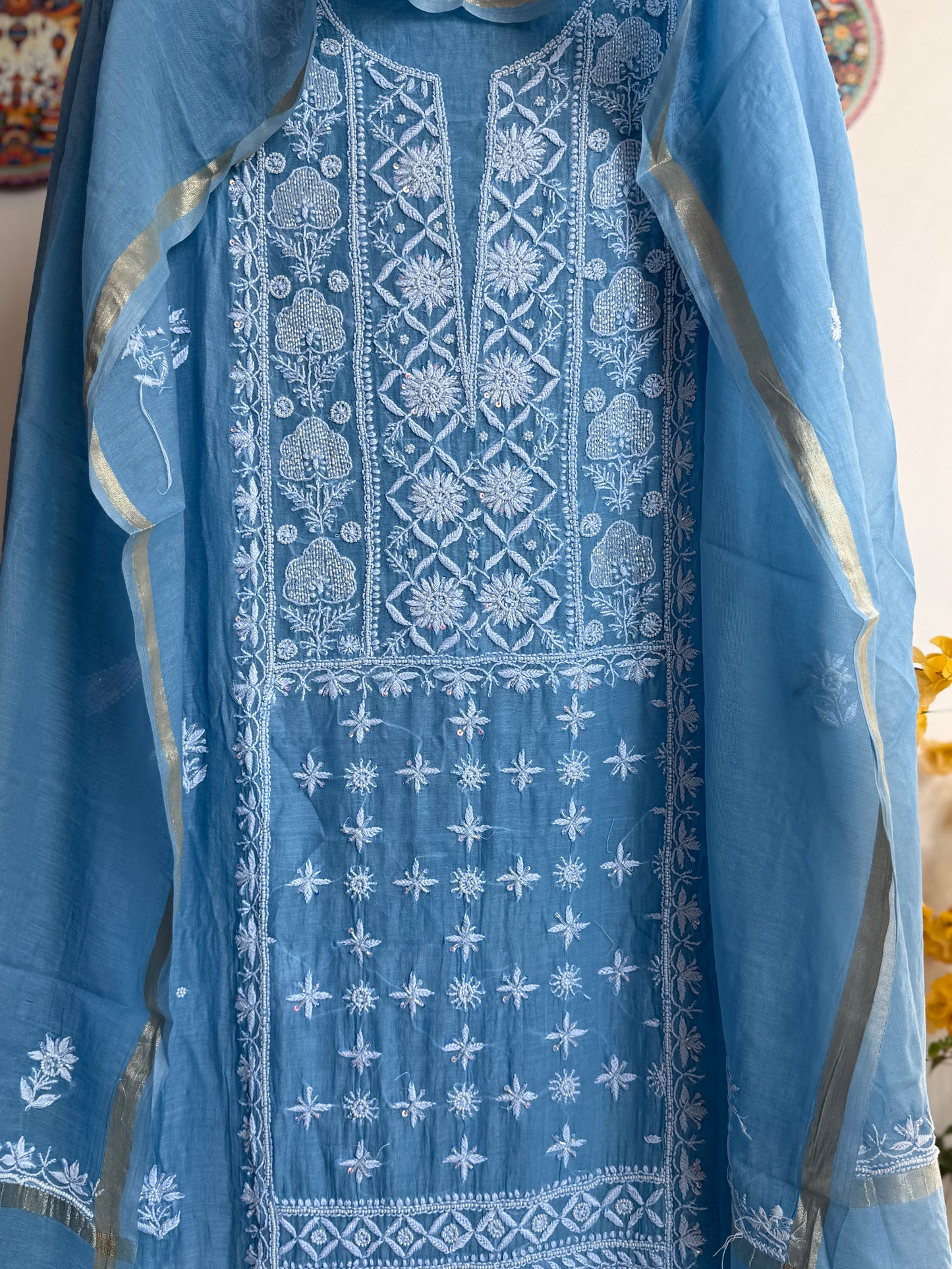 Buy Lucknowi Chikankari Suit Set with Thread Work and full panel work in Mul Chanderi add on Pearl Work and Cut Dana