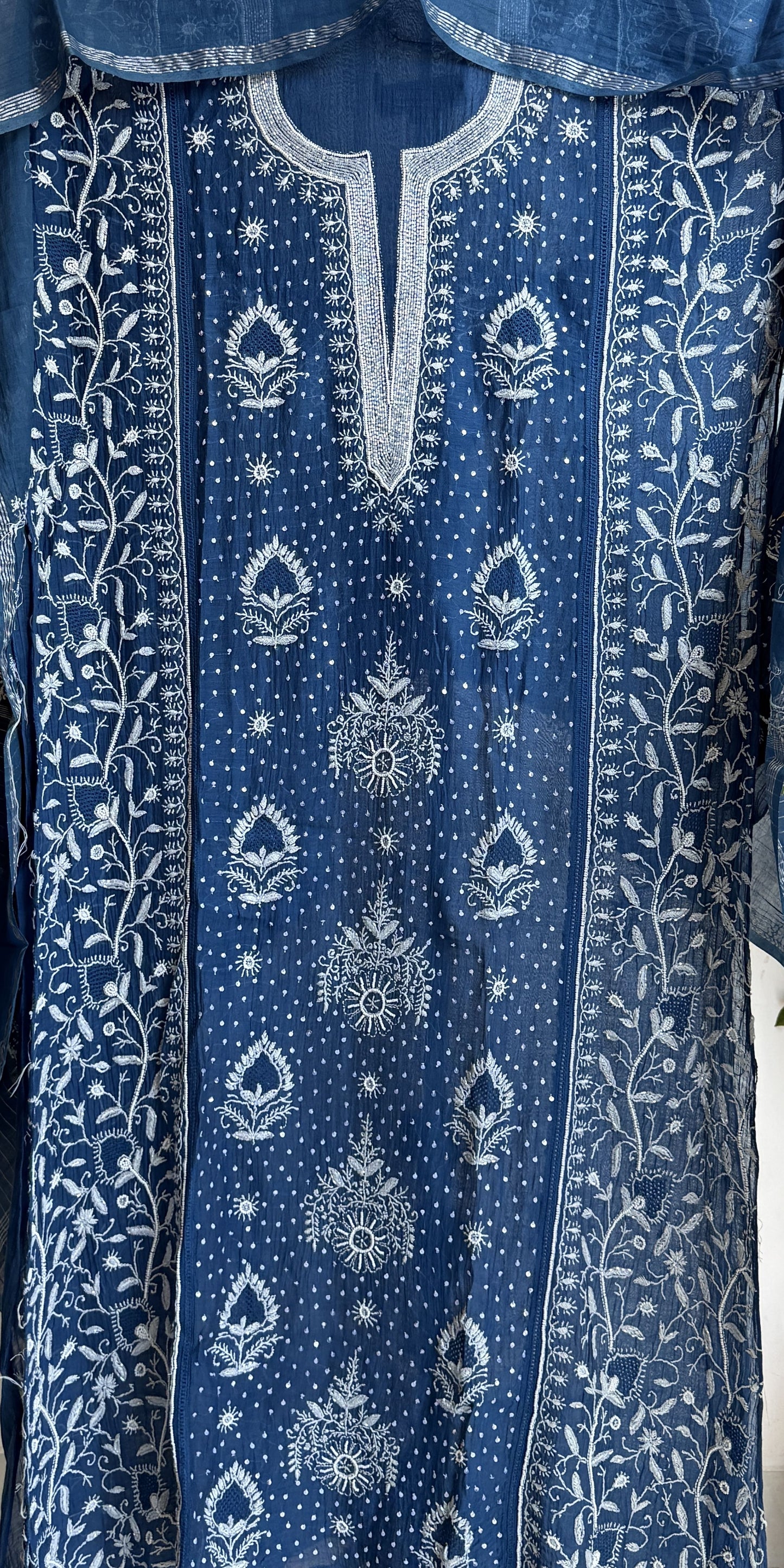 Buy Lucknowi Chikankari Suit Set with Thread Work and full panel work in Mul Chanderi add on Beads i.e. Pearl Work and Cut Dana