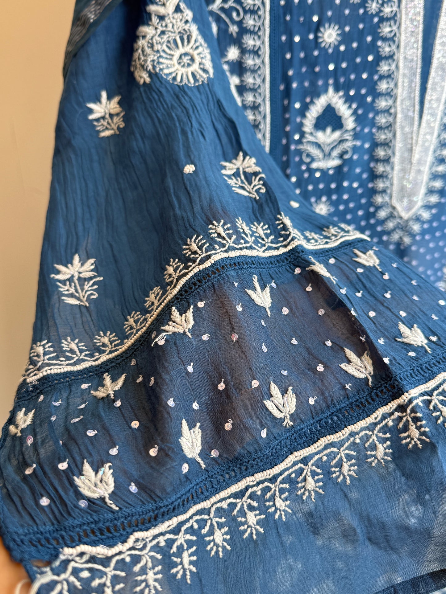 Buy Lucknowi Chikankari Suit Set with Thread Work and full panel work in Mul Chanderi add on Beads i.e. Pearl Work and Cut Dana