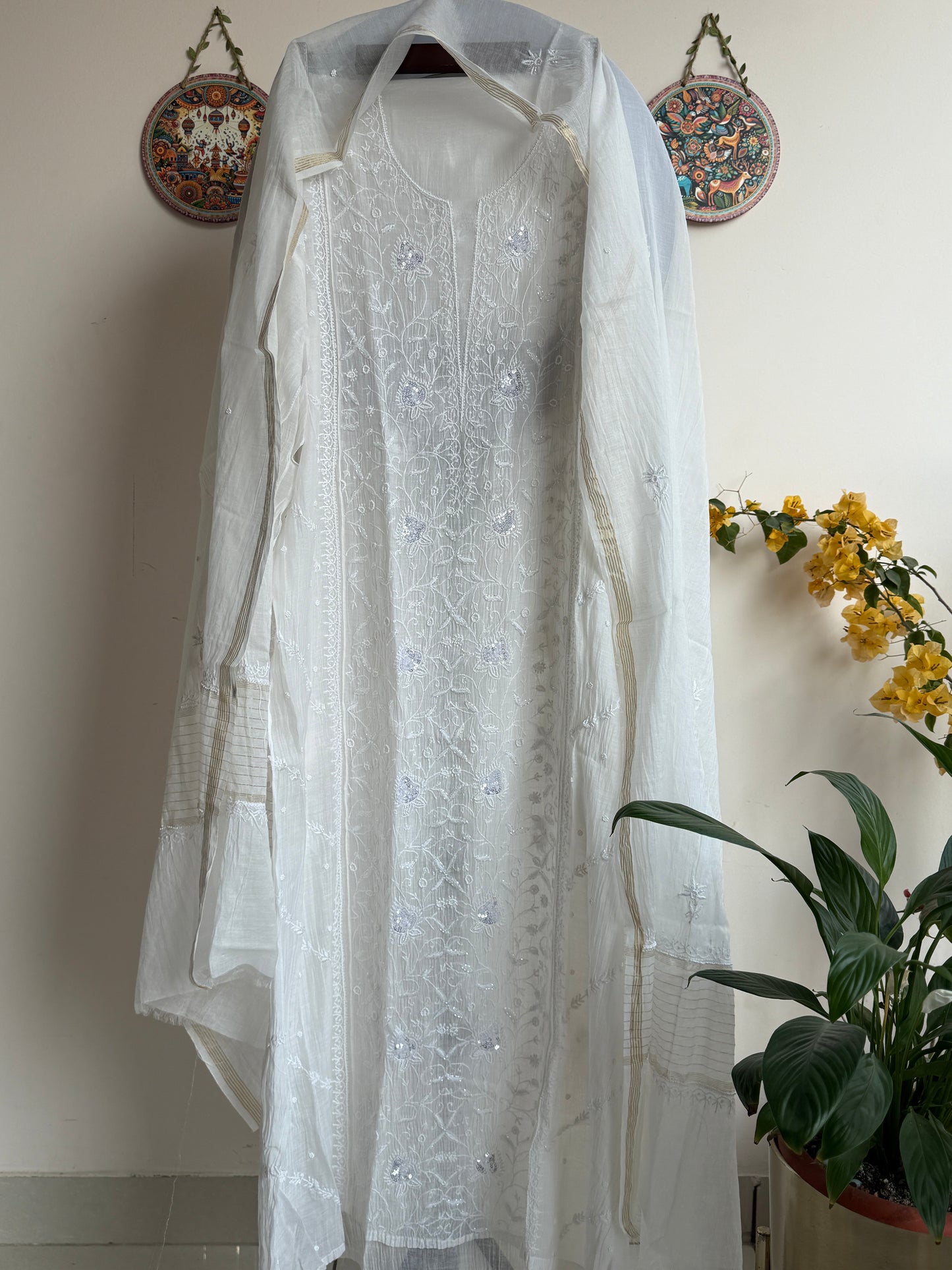 Buy Lucknowi Chikankari Suit Set with Thread Work and full panel work in Mul Chanderi add on Beads i.e. Pearl Work and Cut Dana