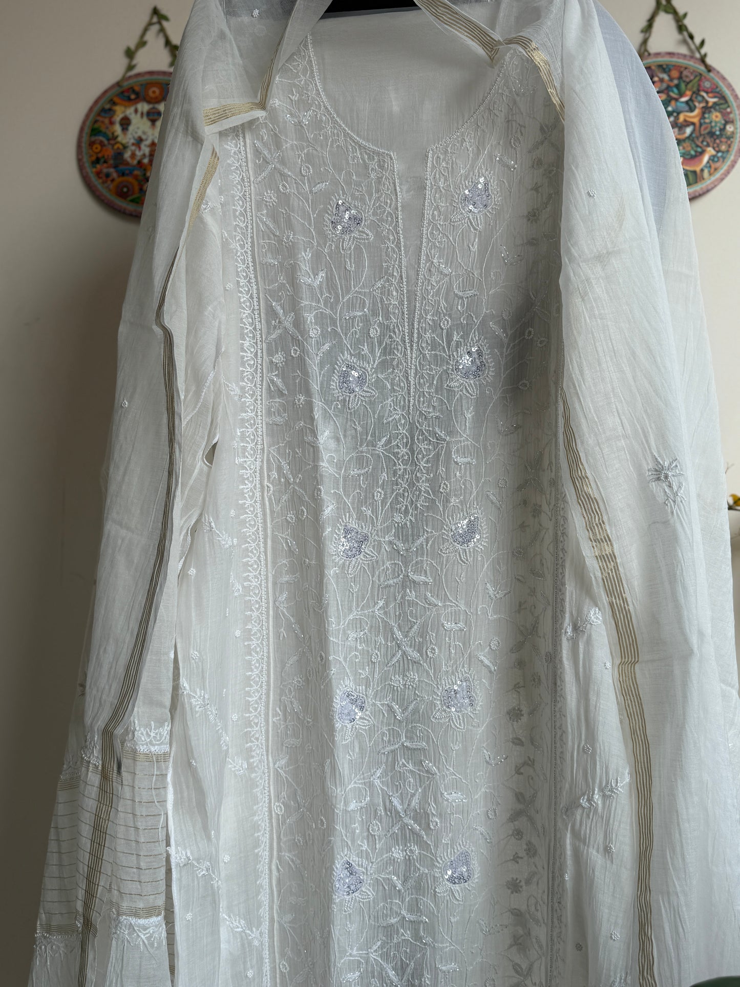 Buy Lucknowi Chikankari Suit Set with Thread Work and full panel work in Mul Chanderi add on Beads i.e. Pearl Work and Cut Dana