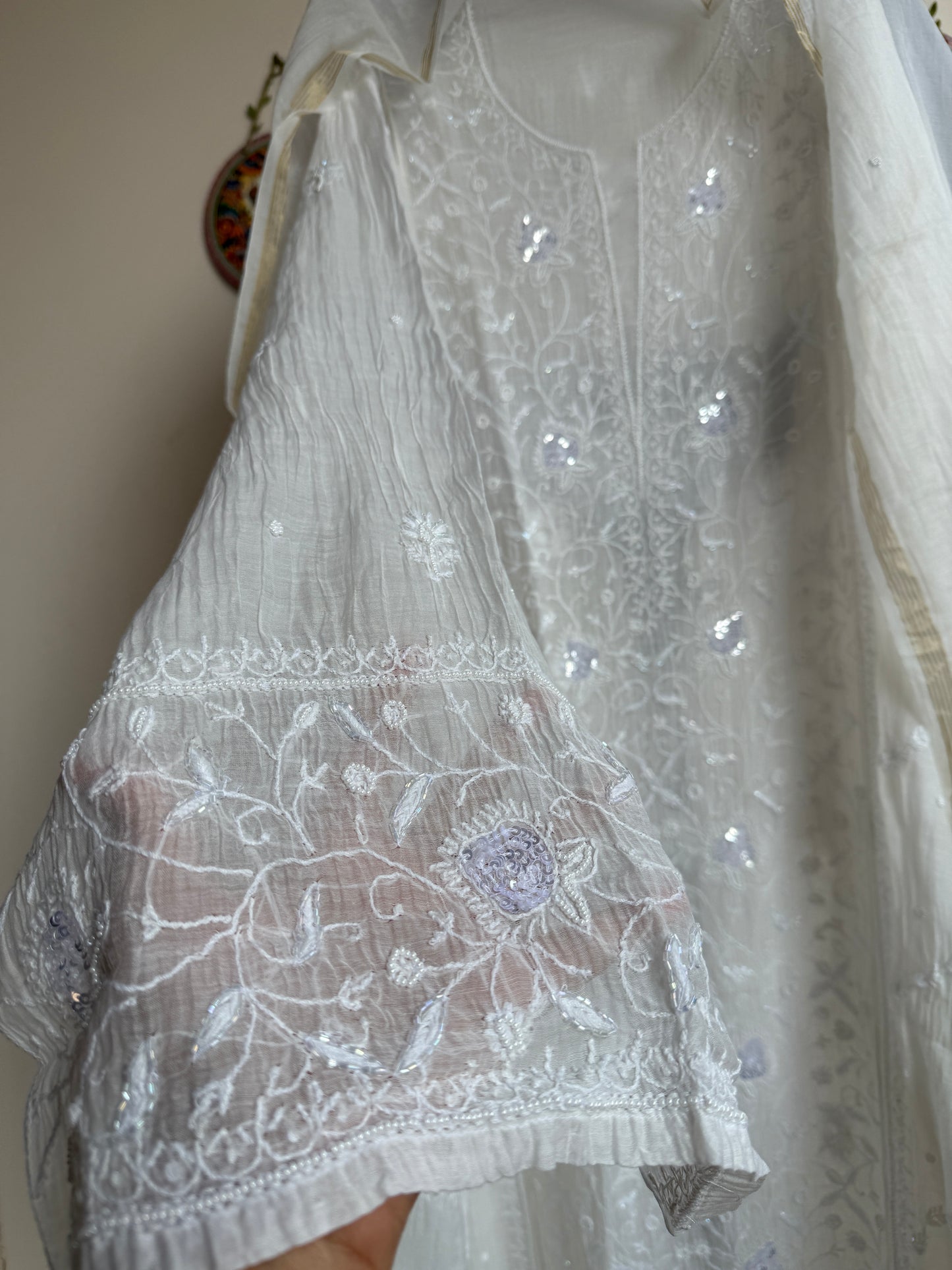 Buy Lucknowi Chikankari Suit Set with Thread Work and full panel work in Mul Chanderi add on Beads i.e. Pearl Work and Cut Dana