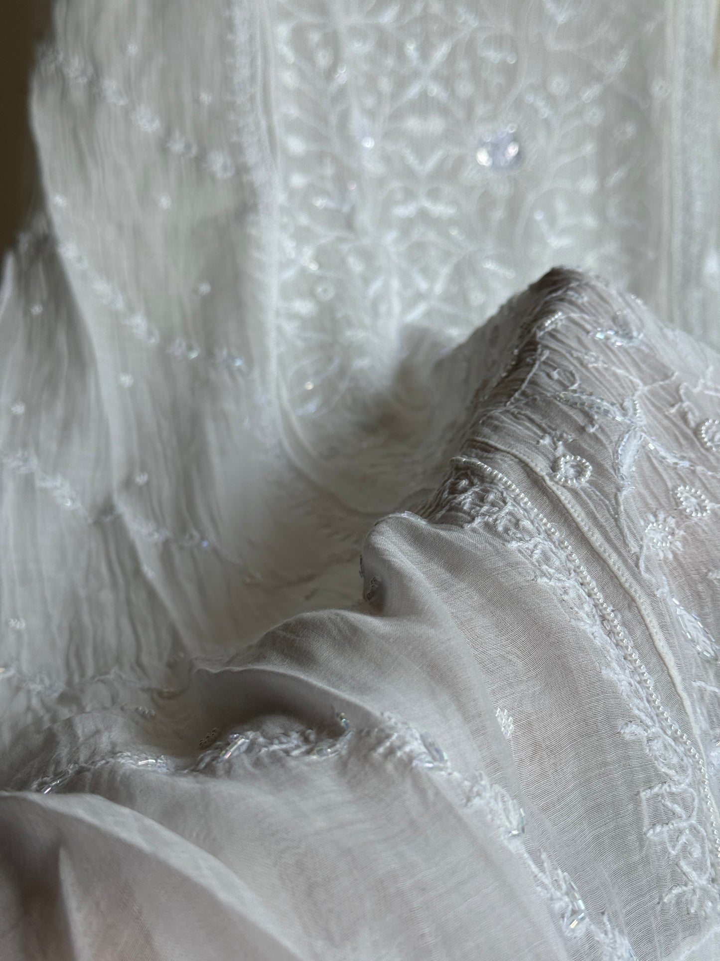 Buy Lucknowi Chikankari Suit Set with Thread Work and full panel work in Mul Chanderi add on Beads i.e. Pearl Work and Cut Dana