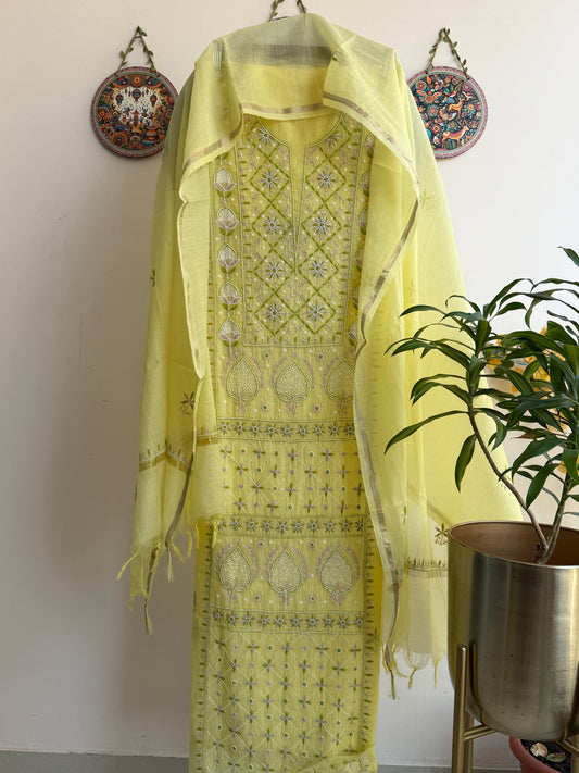 Lucknowi Chikankari Thread Work and full panel work in Mul Chanderi add on Pearl Work and Cut Dana (Colorfull Embroidery)