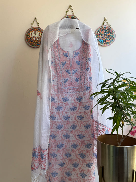 Pure Kota Doria Suit Set with Jaal Work & Crocia Border