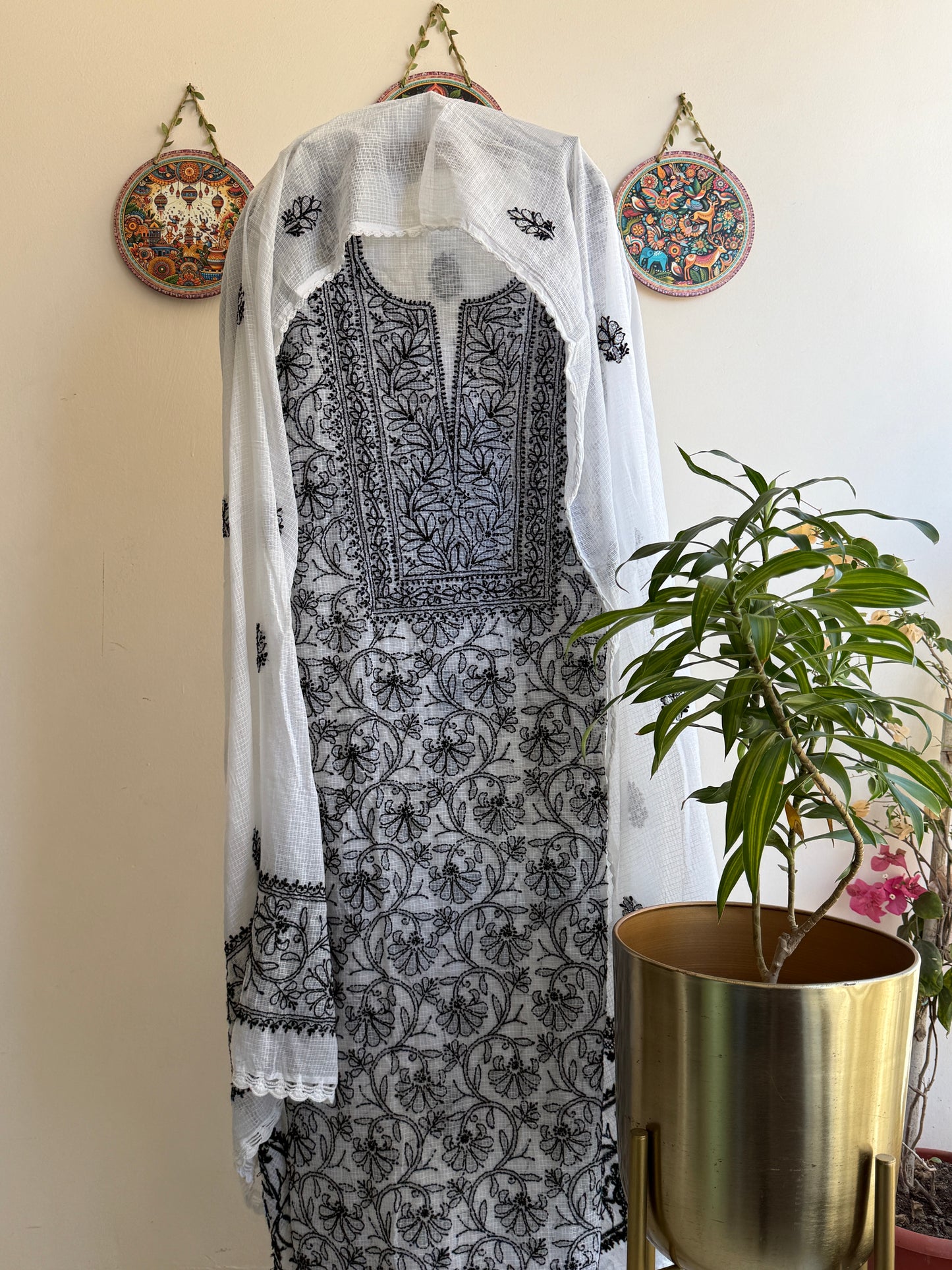 Pure Kota Doria Suit Set with Jaal Work & Crocia Border