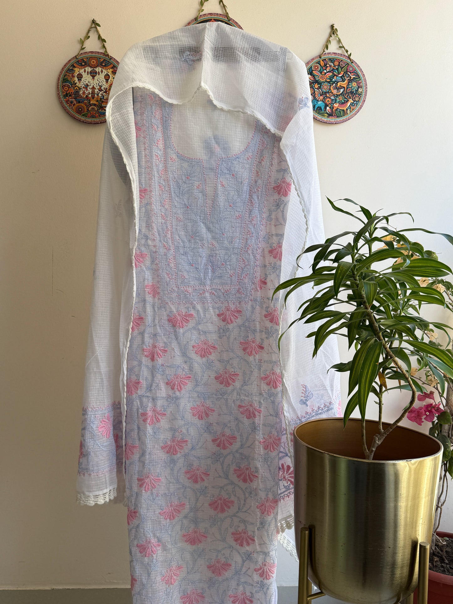 Pure Kota Doria Suit Set with Jaal Work & Crocia Border