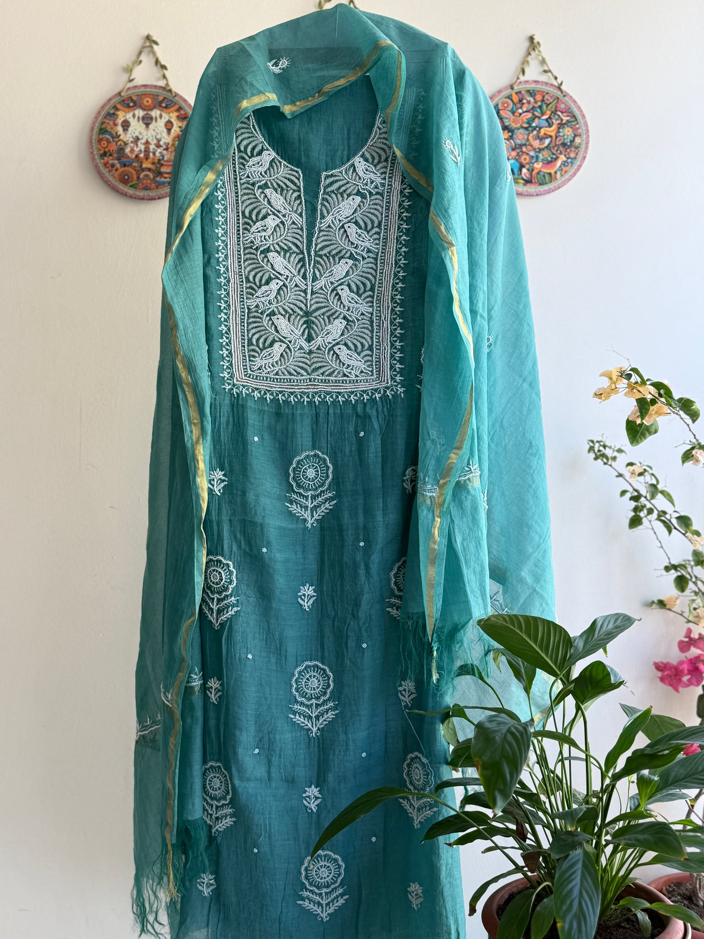 Lucknowi Chikankari Thread Work and Boota work in Mul Chanderi add on Pearl Work, Sequin and Cut Dana