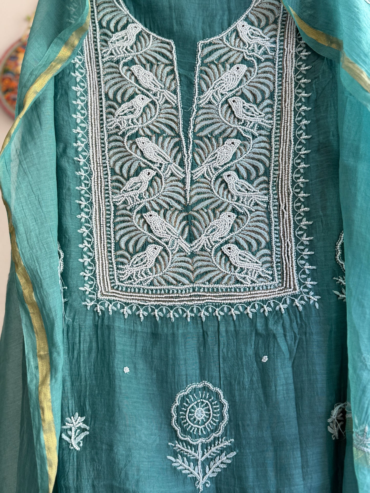 Lucknowi Chikankari Thread Work and Boota work in Mul Chanderi add on Pearl Work, Sequin and Cut Dana