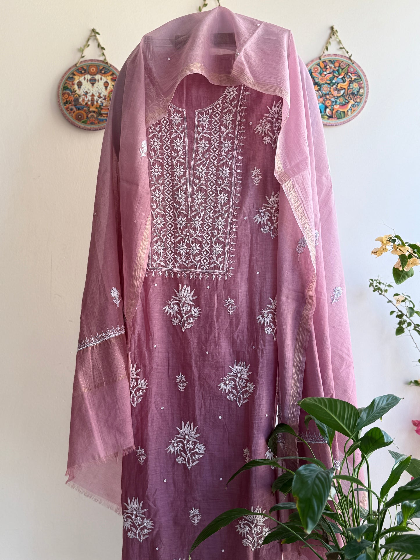 Lucknowi Chikankari Thread Work and Boota work in Mul Chanderi add on Pearl Work, Sequin and Cut Dana