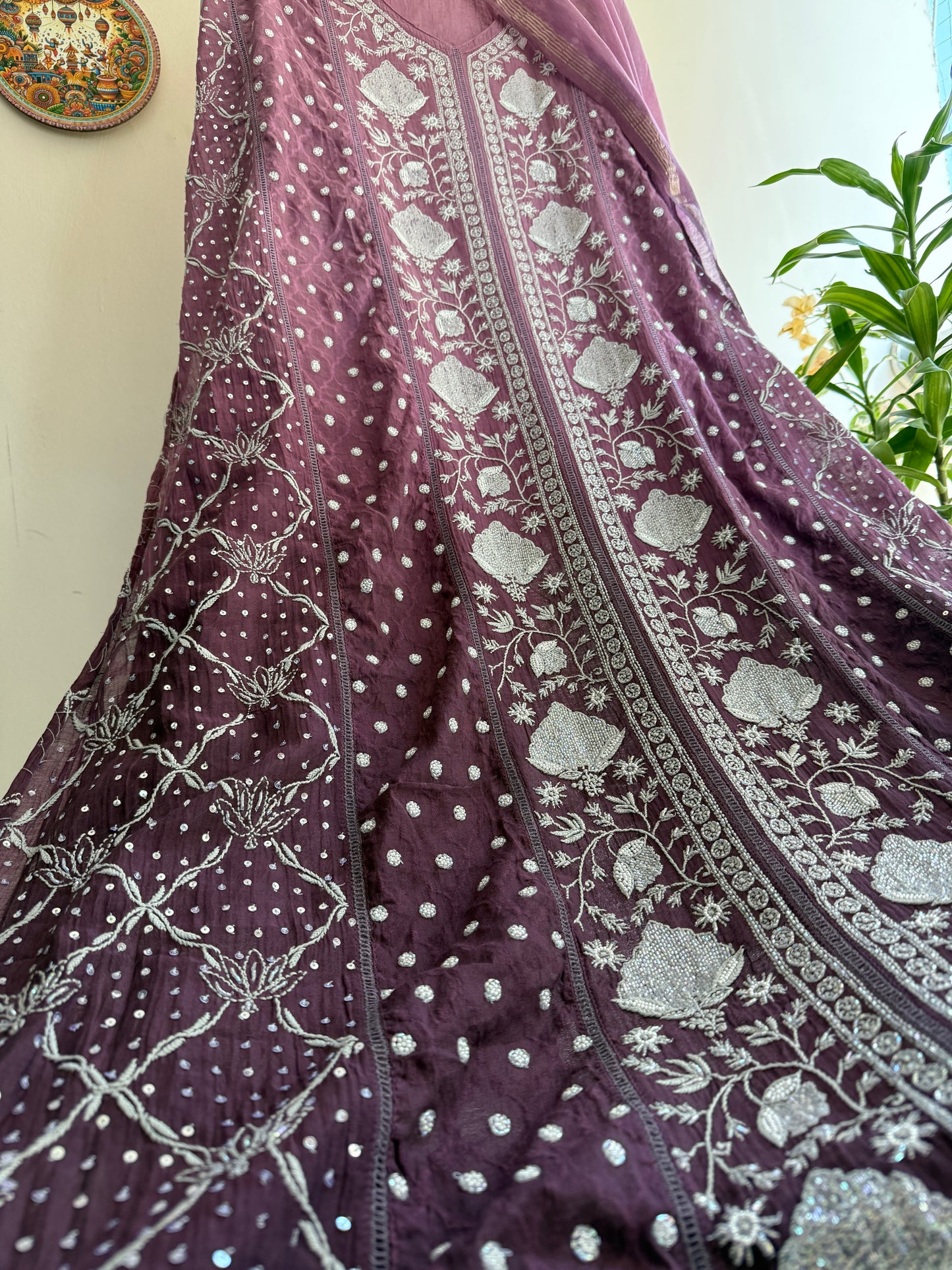 ✨ Pure Mul Chanderi Lucknowi Chikankari Multiple Panel Anarkali Set ✨