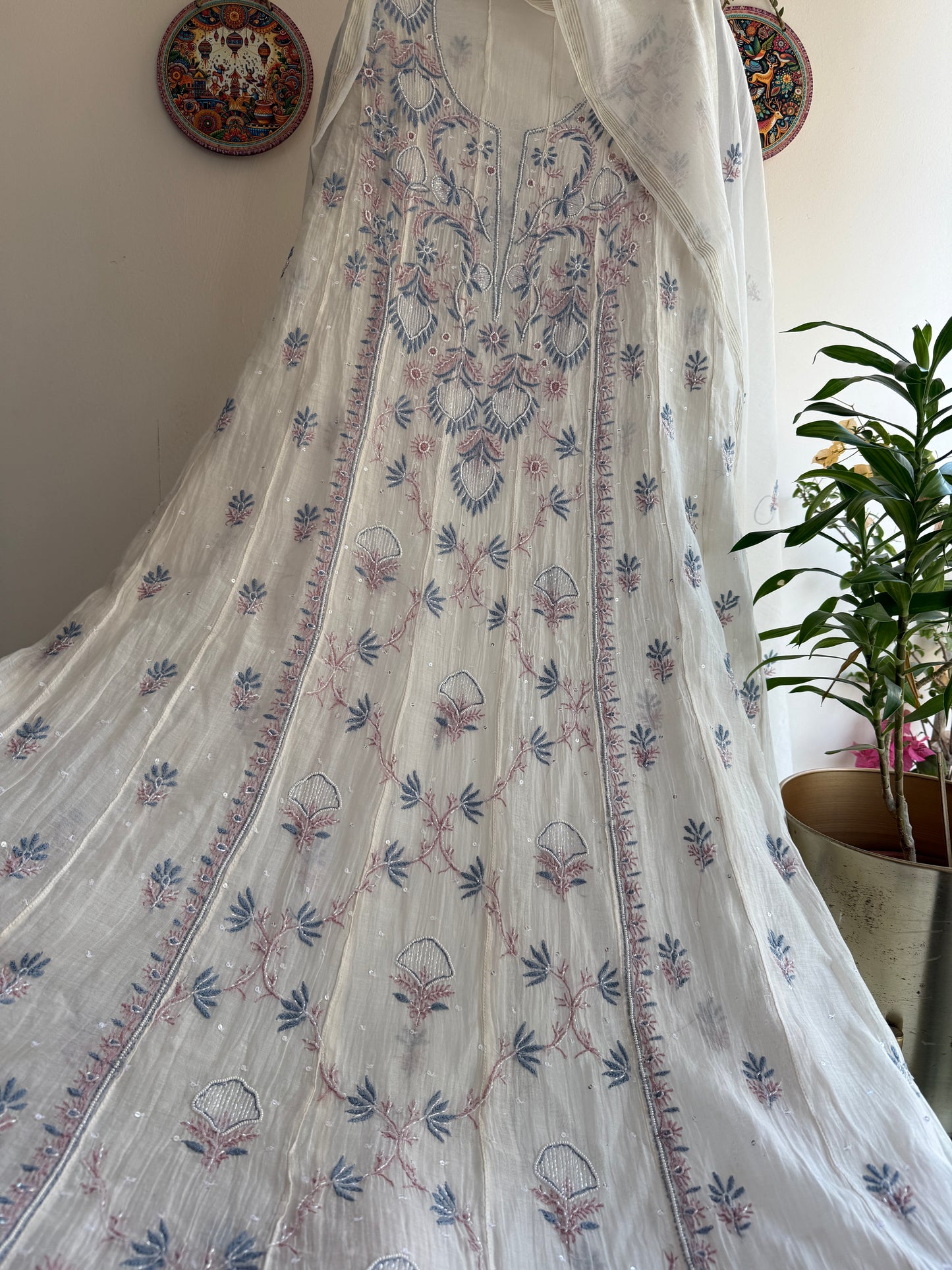 Pure Mul Chanderi Lucknowi Chikankari Anarkali Suit Set with Dupatta | Hand Embroidery with Pearl, Cutdana & Sequin Work