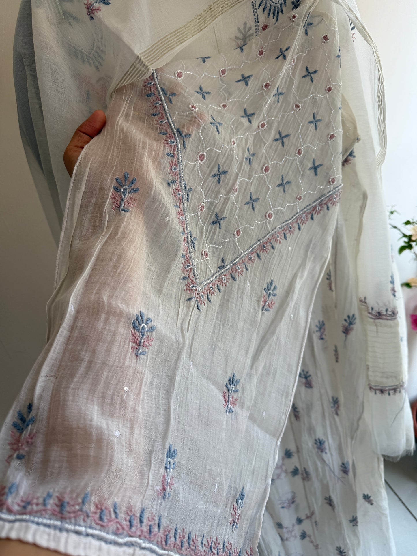 Pure Mul Chanderi Lucknowi Chikankari Anarkali Suit Set with Dupatta | Hand Embroidery with Pearl, Cutdana & Sequin Work