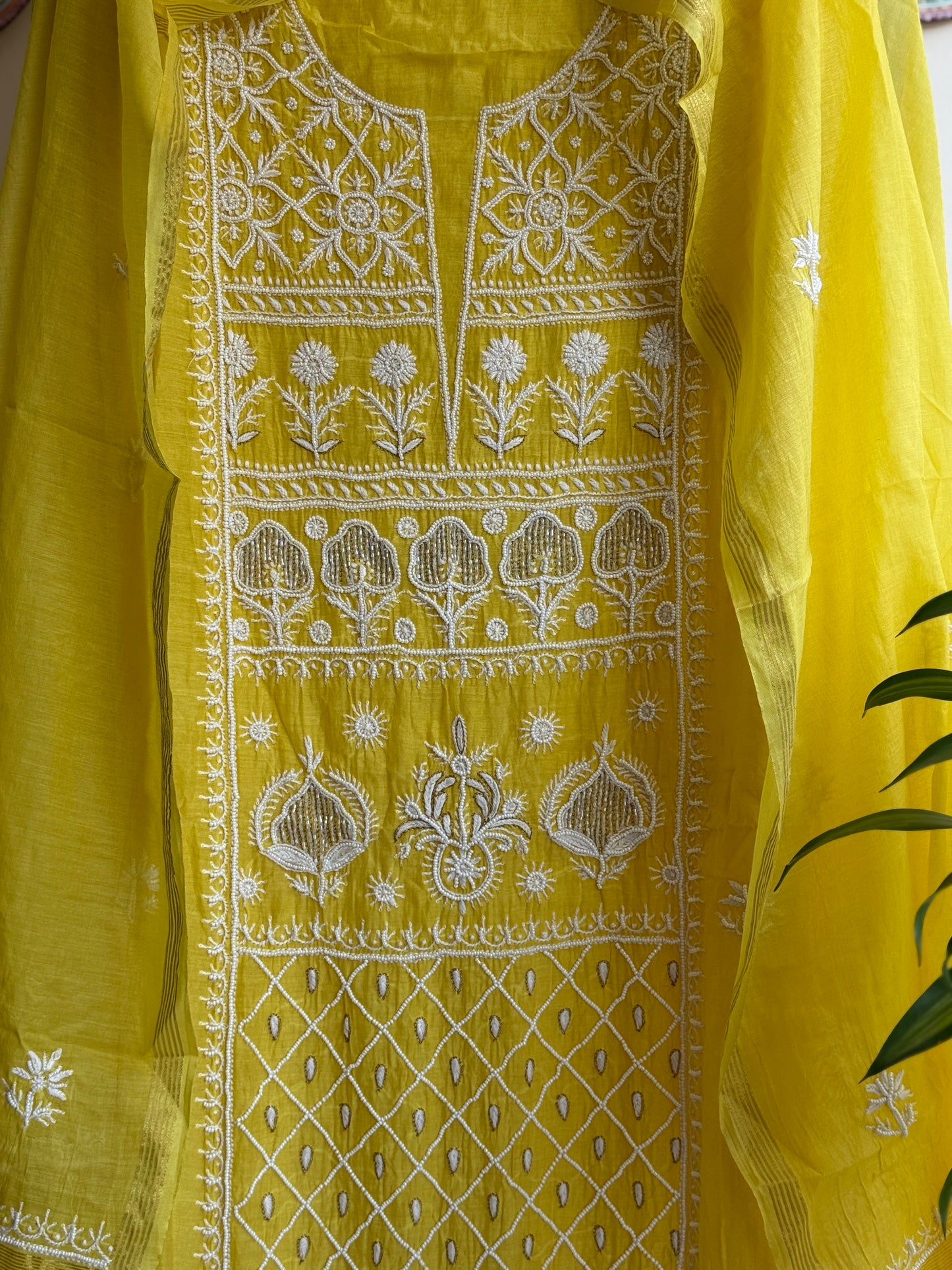 Lucknowi Chikankari Thread Work in Mul Chanderi add on Pearl Work and Cut Dana