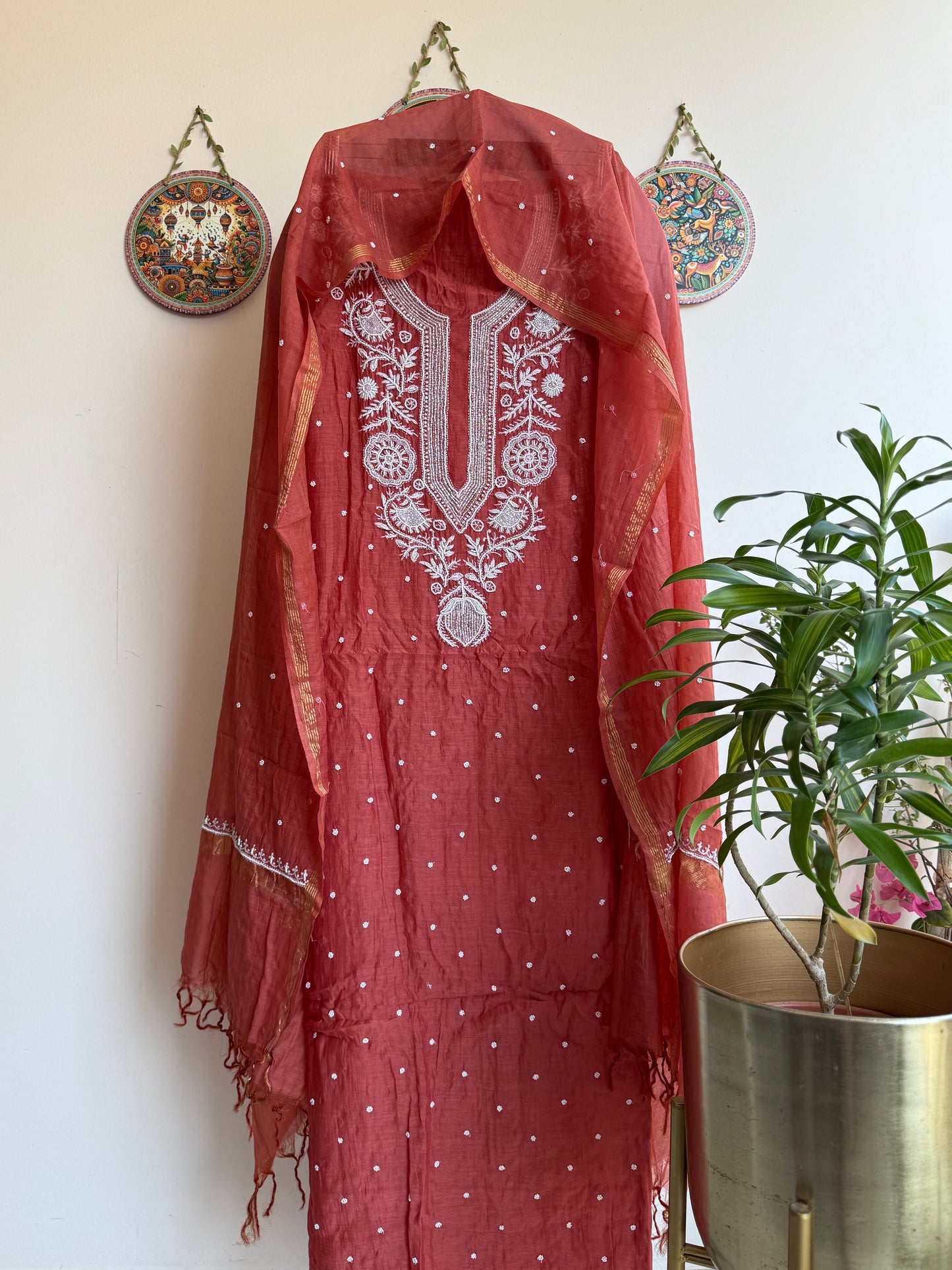 Lucknowi Chikankari Thread Work in Mul Chanderi add on Pearl Work and Cut Dana