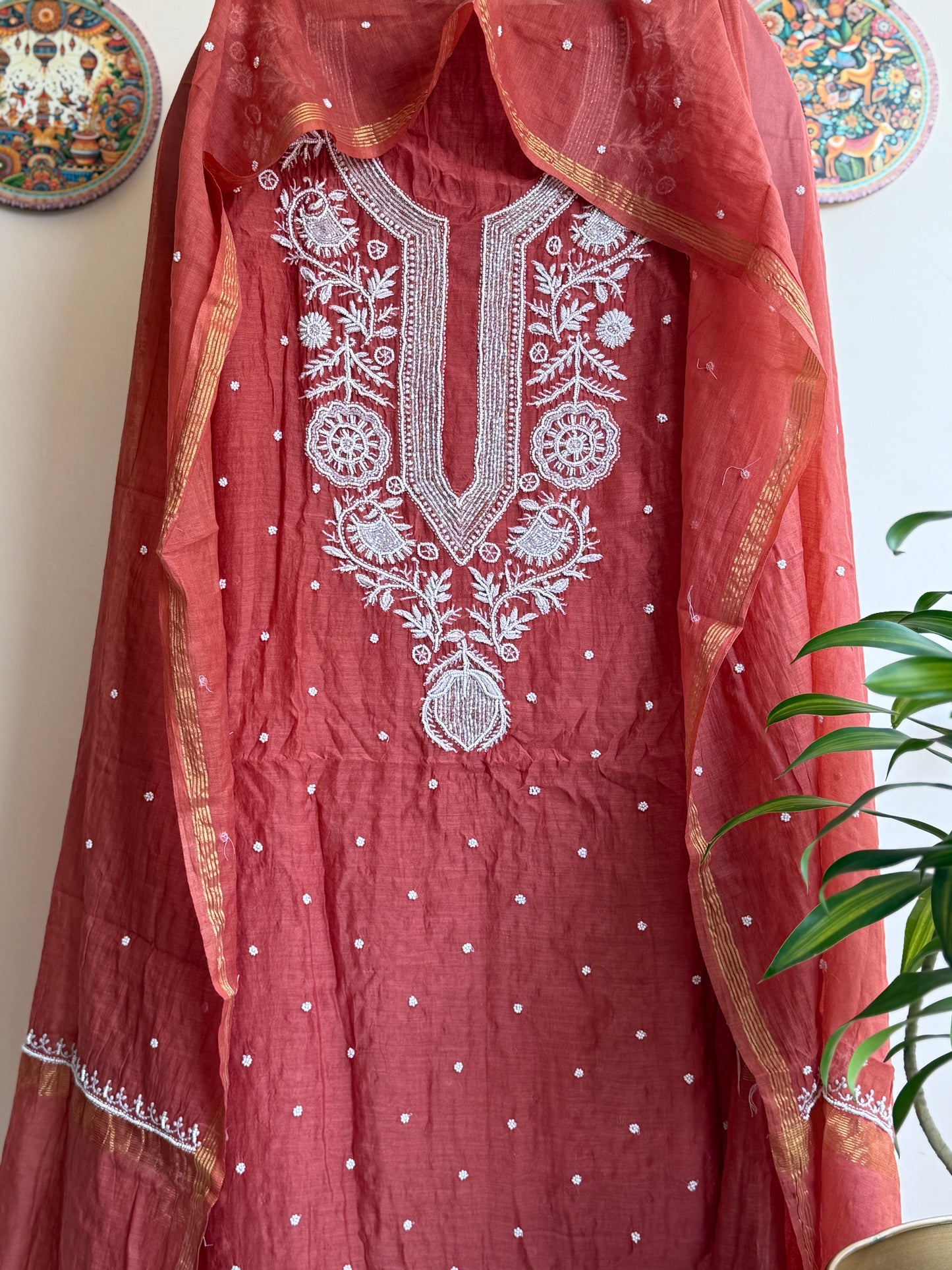 Lucknowi Chikankari Thread Work in Mul Chanderi add on Pearl Work and Cut Dana