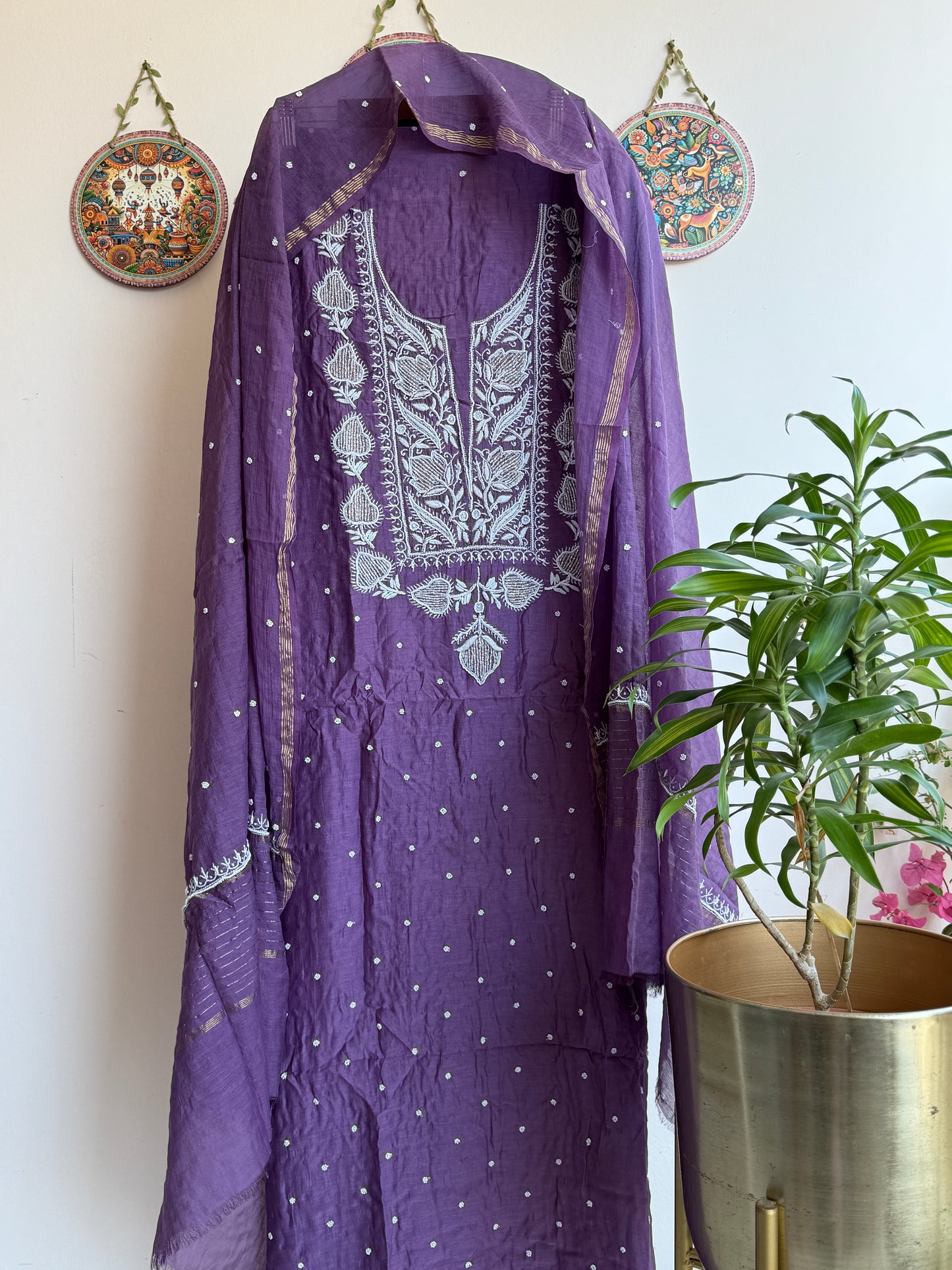 Lucknowi Chikankari Thread Work in Mul Chanderi add on Pearl Work and Cut Dana