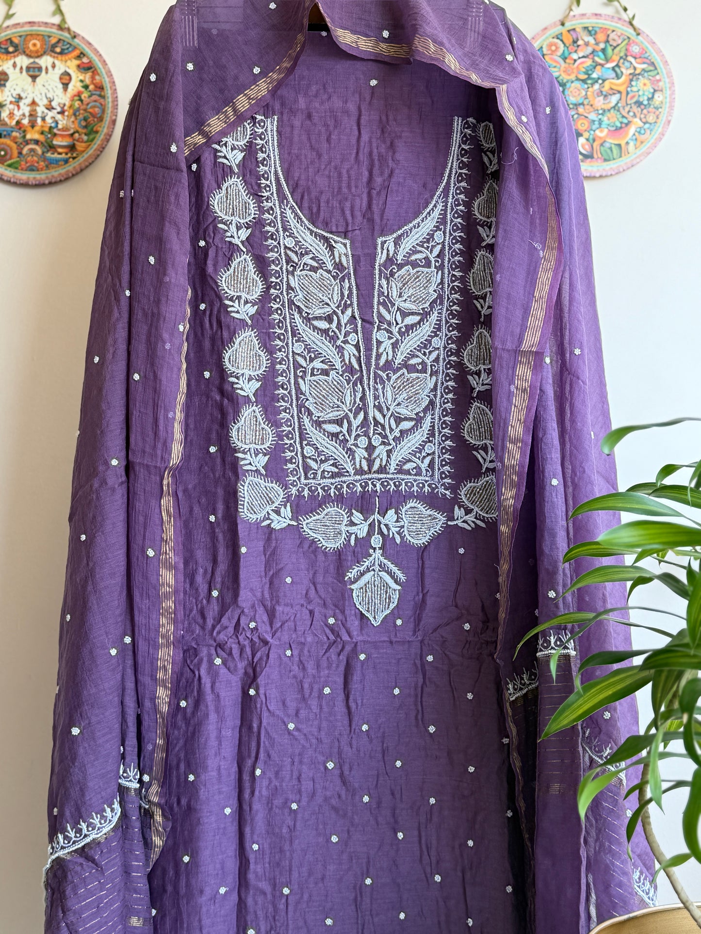 Lucknowi Chikankari Thread Work in Mul Chanderi add on Pearl Work and Cut Dana