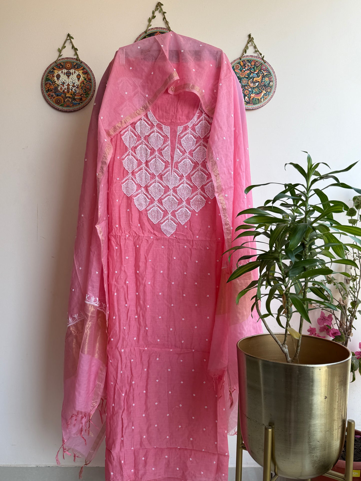 Lucknowi Chikankari Thread Work in Mul Chanderi add on Pearl Work and Cut Dana