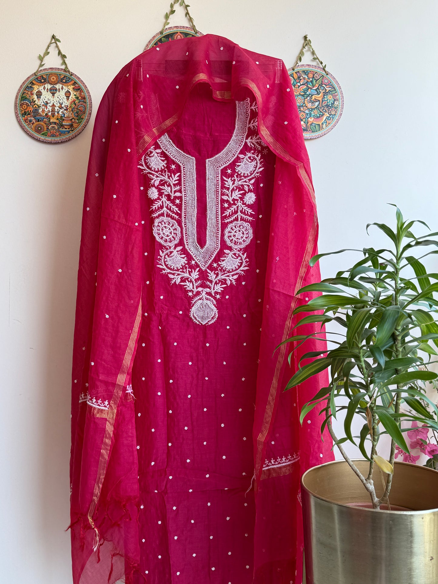 Lucknowi Chikankari Thread Work in Mul Chanderi add on Pearl Work and Cut Dana