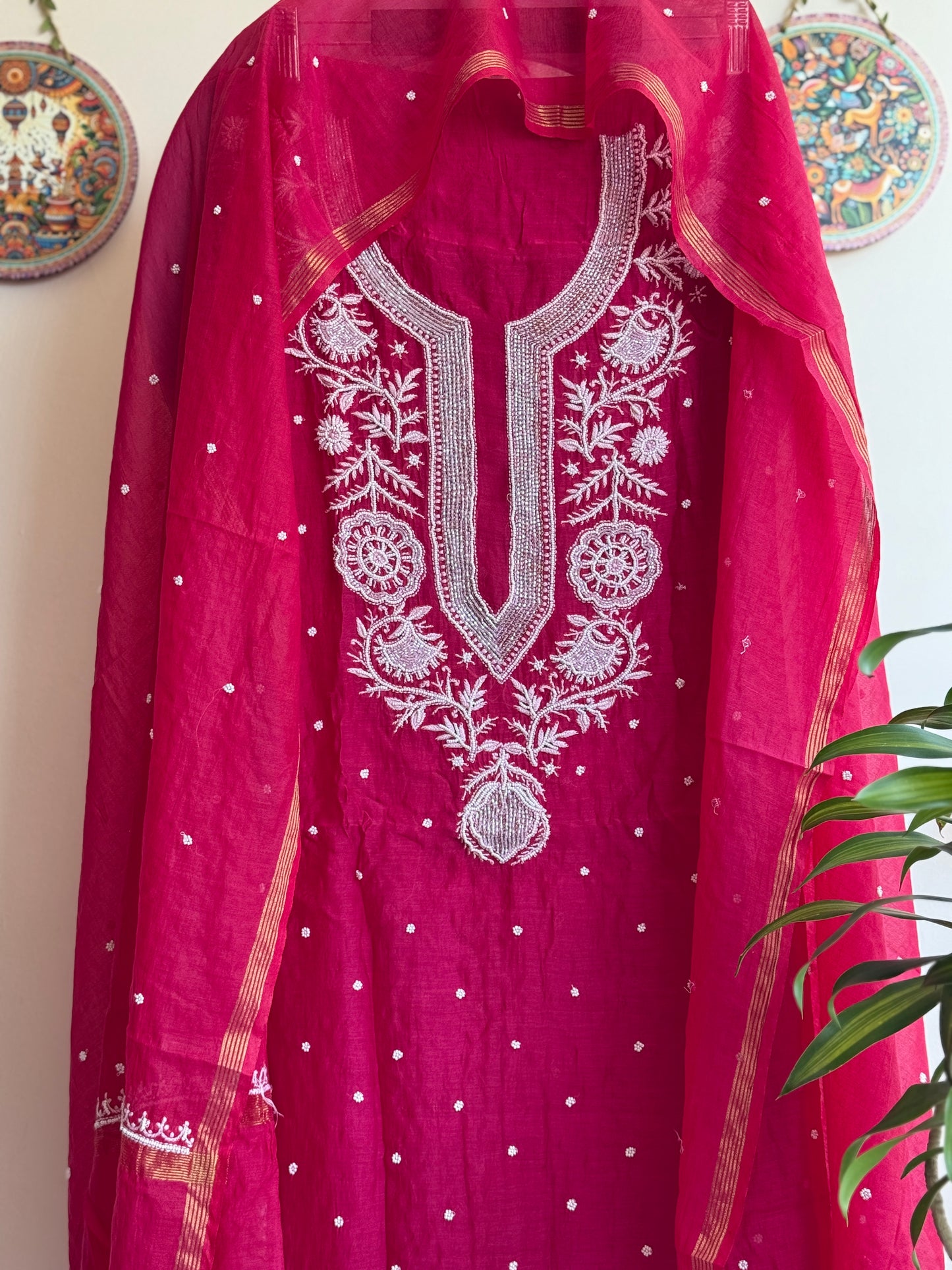 Lucknowi Chikankari Thread Work in Mul Chanderi add on Pearl Work and Cut Dana