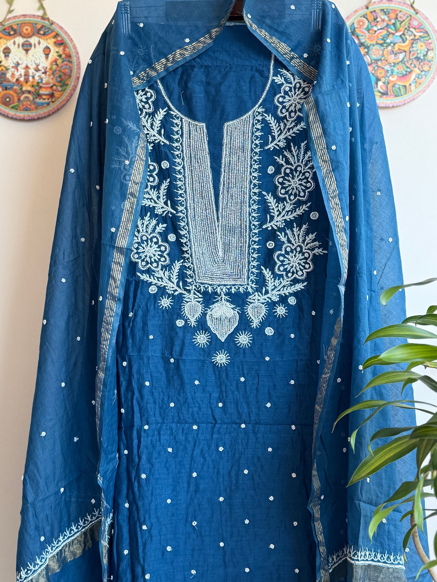 Lucknowi Chikankari Thread Work in Mul Chanderi add on Pearl Work and Cut Dana