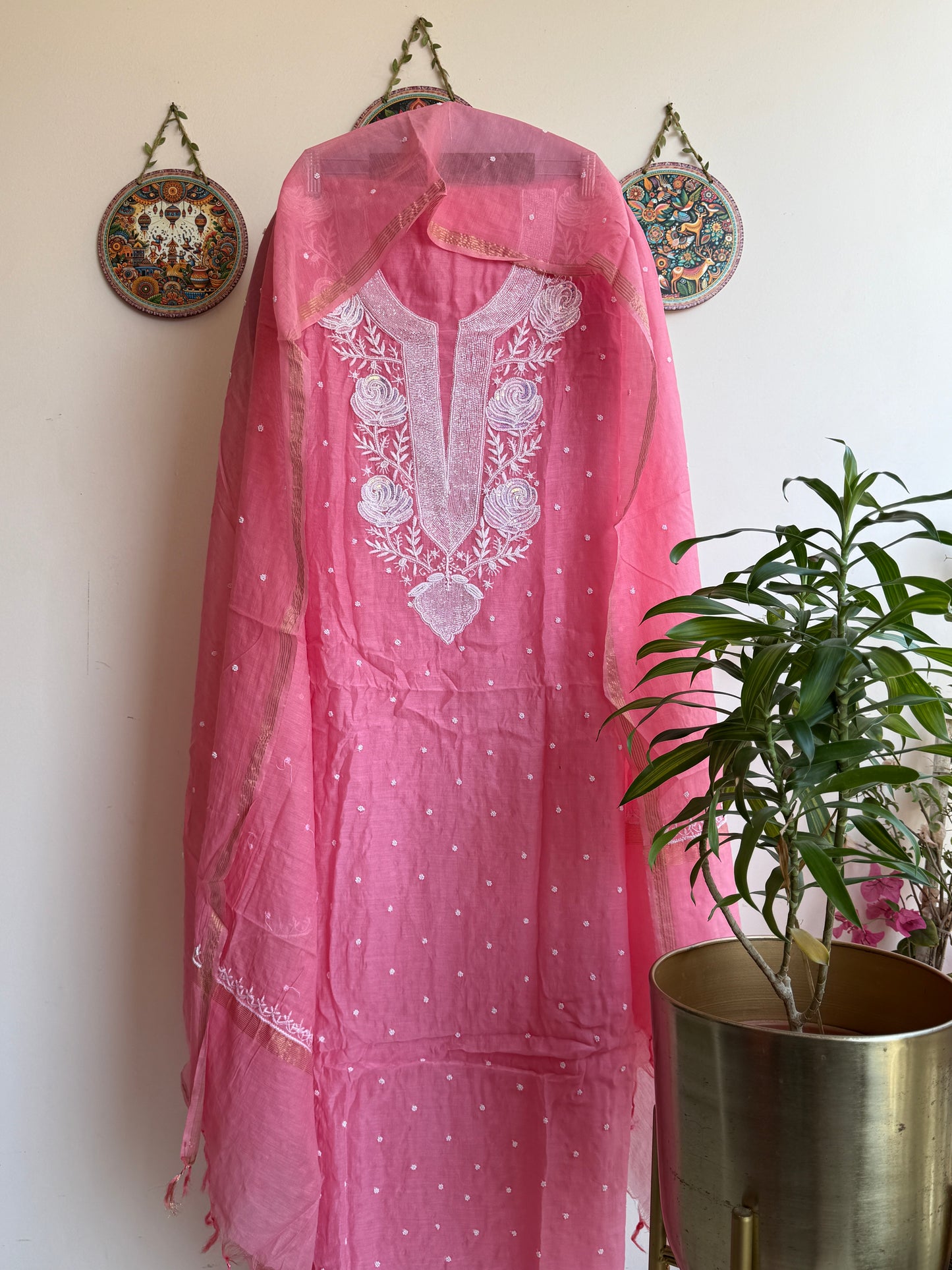 Lucknowi Chikankari Thread Work in Mul Chanderi add on Pearl Work and Cut Dana