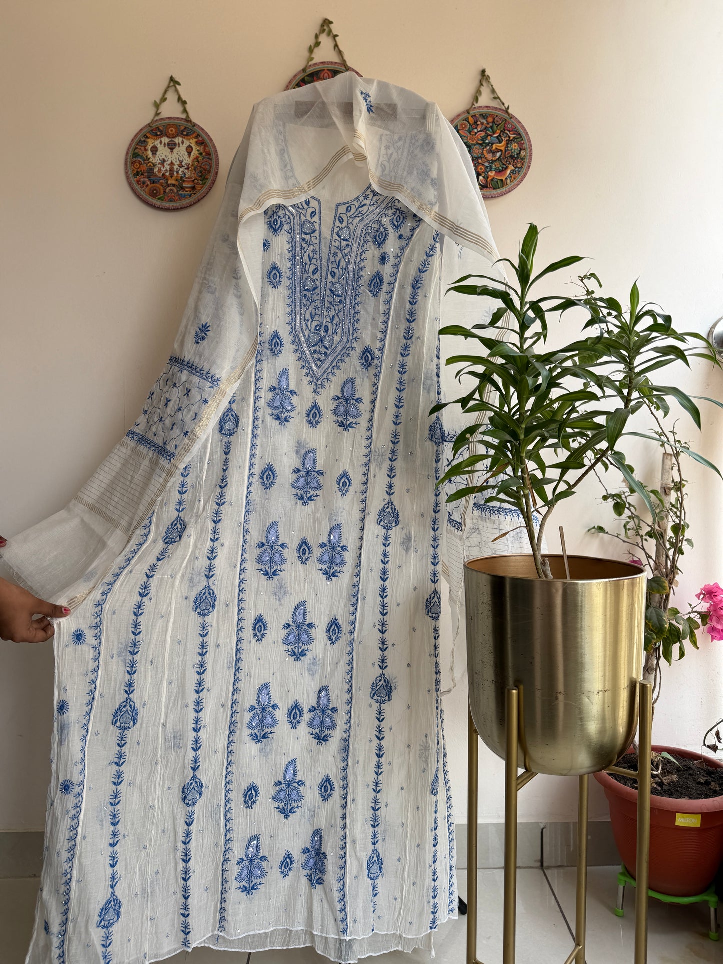 Pure Mul Chanderi Lucknowi Chikankari Anarkali Set with Dupatta | Hand Embroidered Bel & Jaal Work