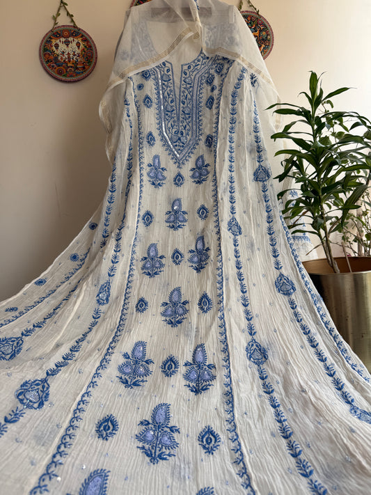Pure Mul Chanderi Lucknowi Chikankari Anarkali Set with Dupatta | Hand Embroidered Bel & Jaal Work