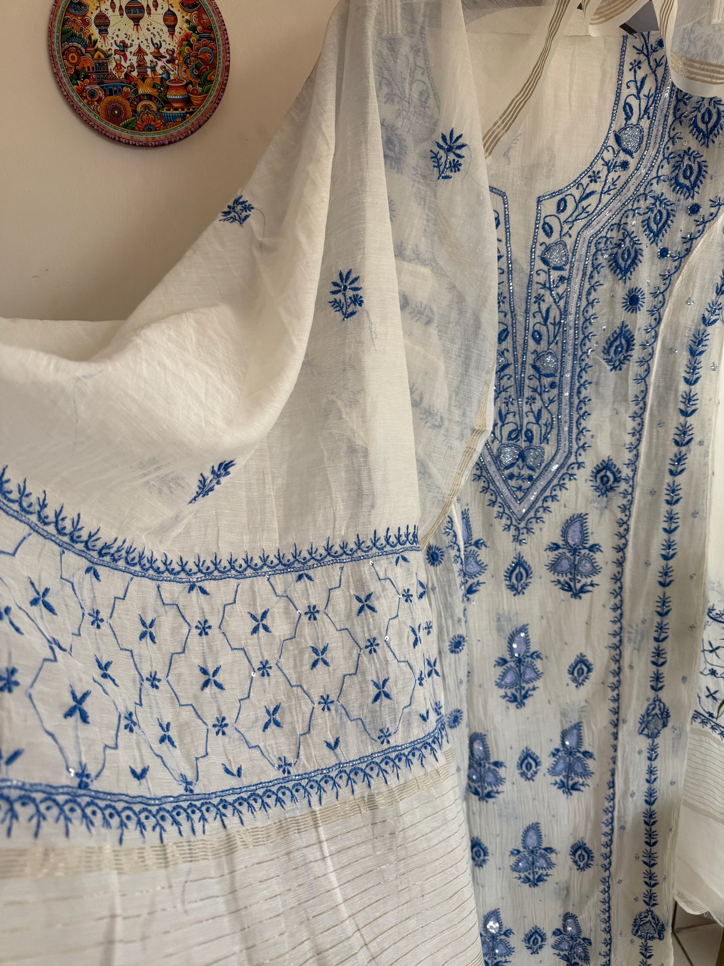 Pure Mul Chanderi Lucknowi Chikankari Anarkali Set with Dupatta | Hand Embroidered Bel & Jaal Work