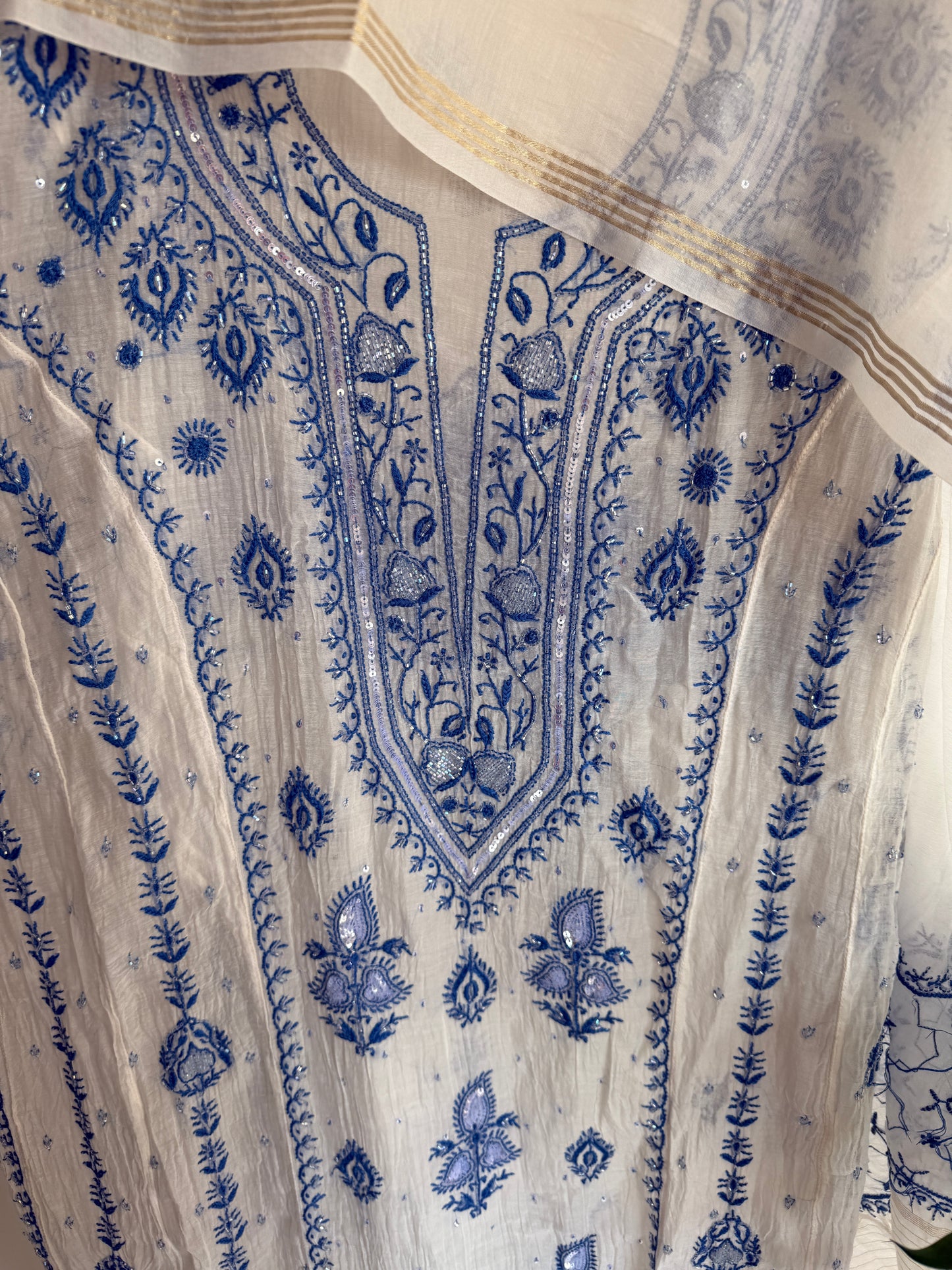 Pure Mul Chanderi Lucknowi Chikankari Anarkali Set with Dupatta | Hand Embroidered Bel & Jaal Work