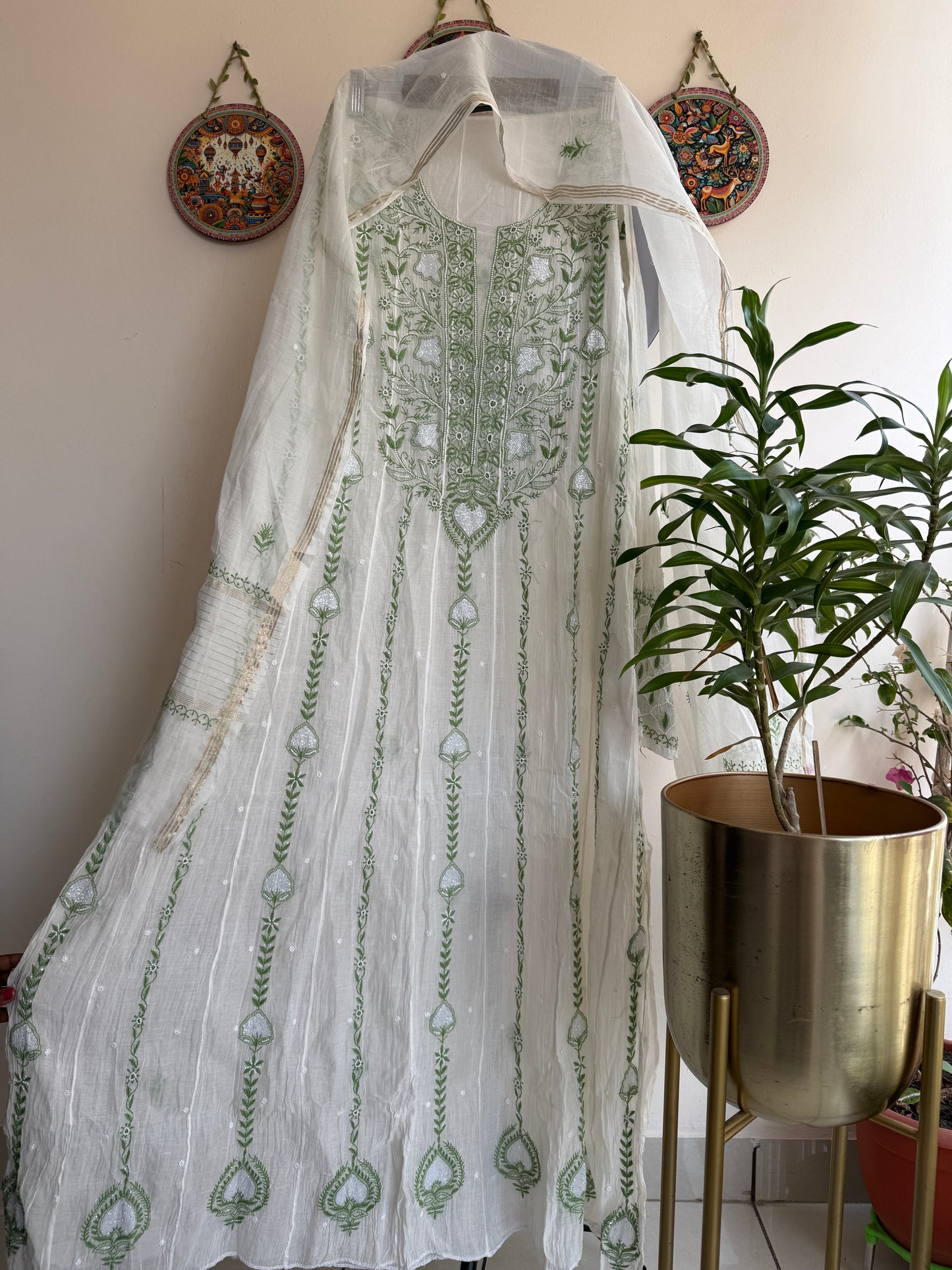Pure Mul Chanderi Lucknowi Chikankari Anarkali Set with Dupatta | Vertical Bel Hand Embroidery