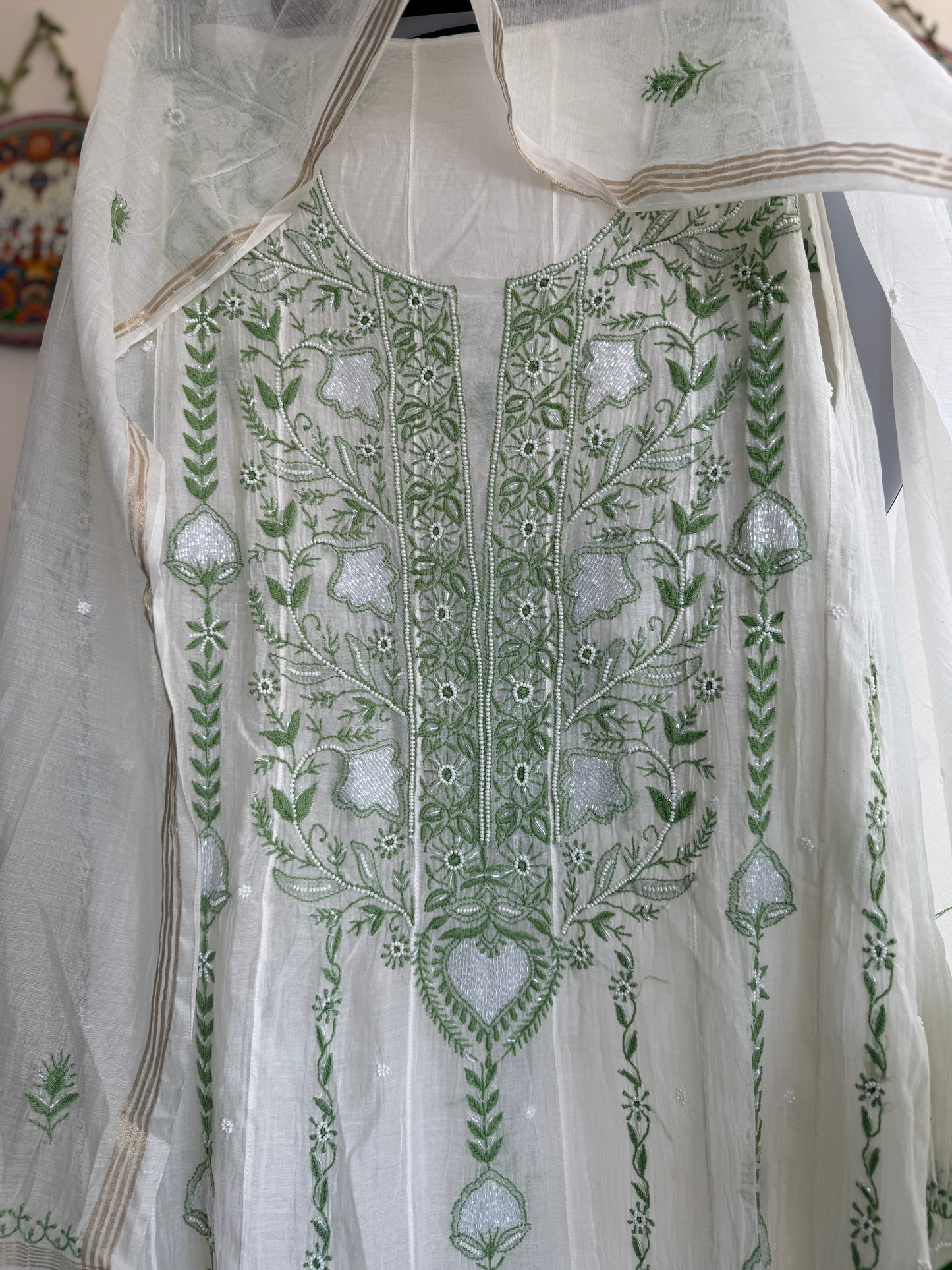 Pure Mul Chanderi Lucknowi Chikankari Anarkali Set with Dupatta | Vertical Bel Hand Embroidery