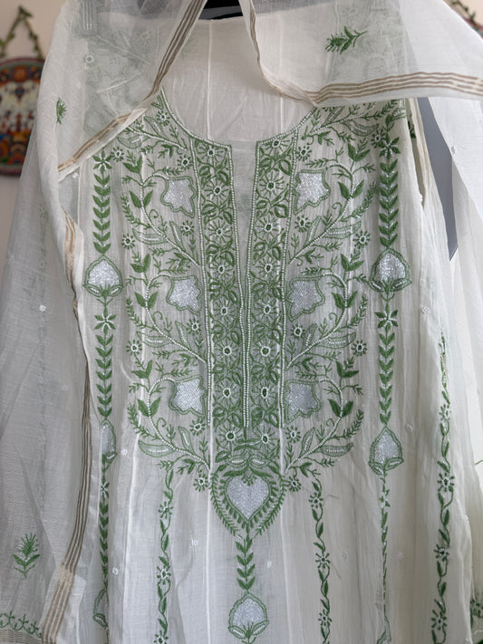 Pure Mul Chanderi Lucknowi Chikankari Anarkali Set with Dupatta | Vertical Bel Hand Embroidery
