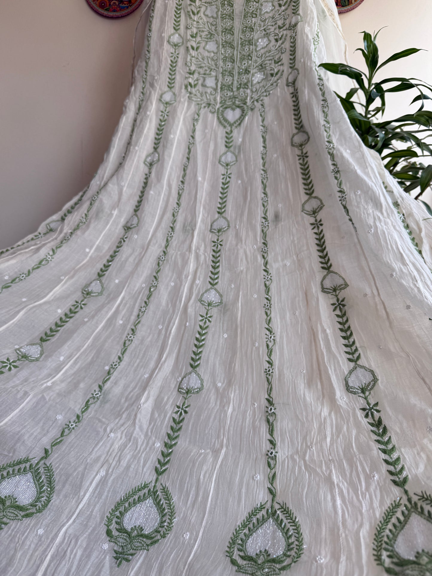 Pure Mul Chanderi Lucknowi Chikankari Anarkali Set with Dupatta | Vertical Bel Hand Embroidery