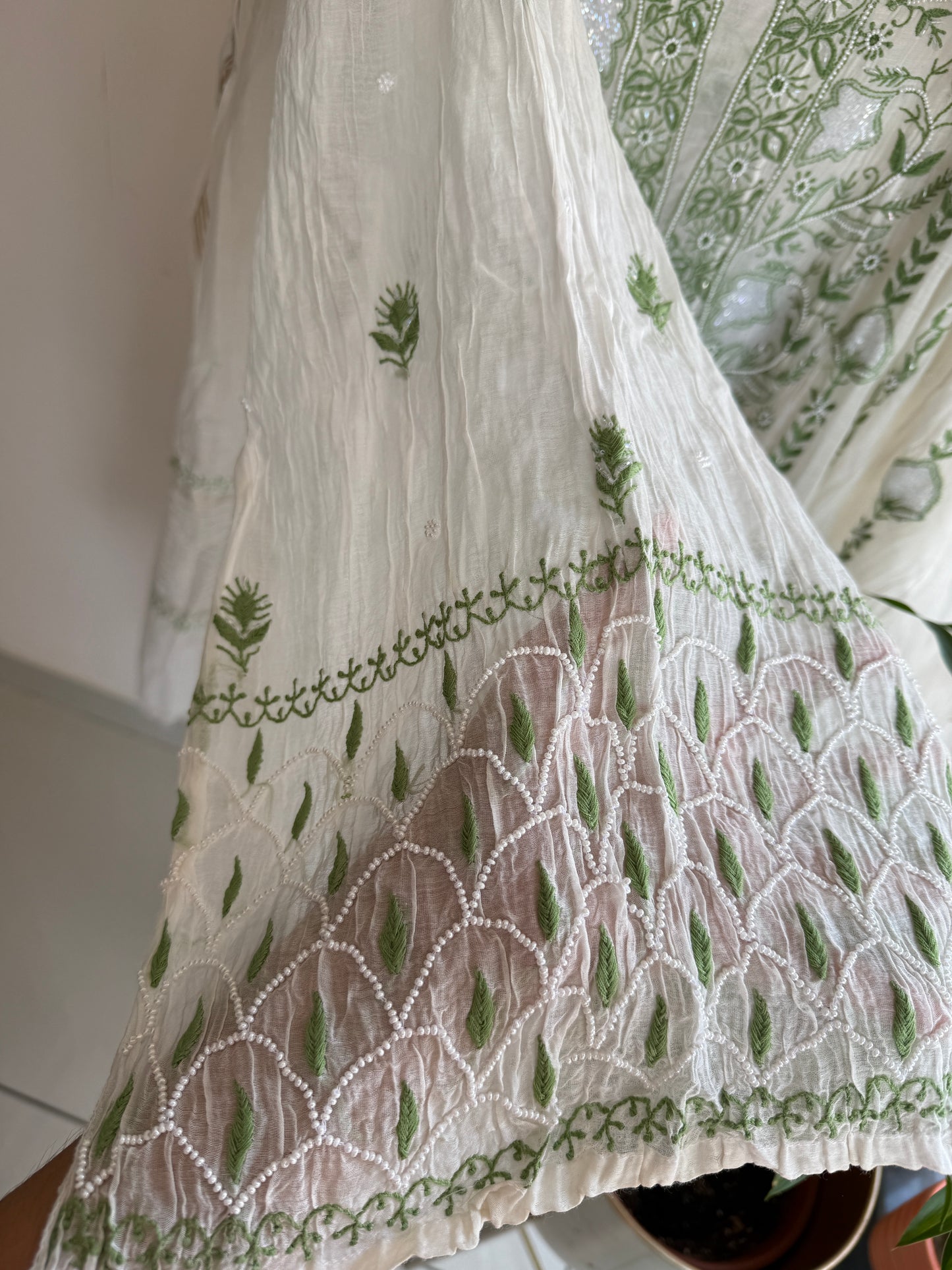 Pure Mul Chanderi Lucknowi Chikankari Anarkali Set with Dupatta | Vertical Bel Hand Embroidery