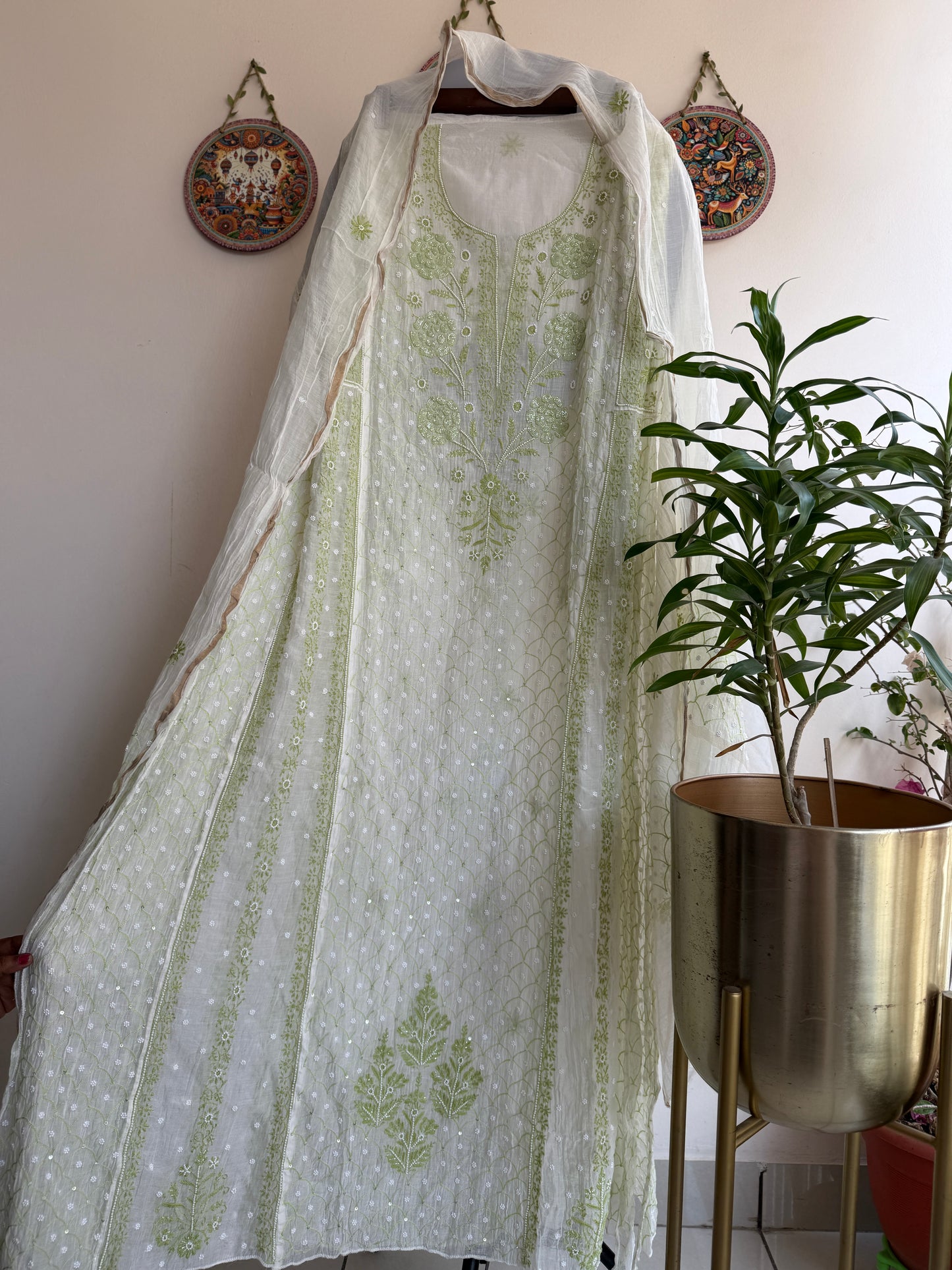 Pure Mul Chanderi Lucknowi Chikankari Anarkali Set with Dupatta | Bel & Jaal Hand Embroidery