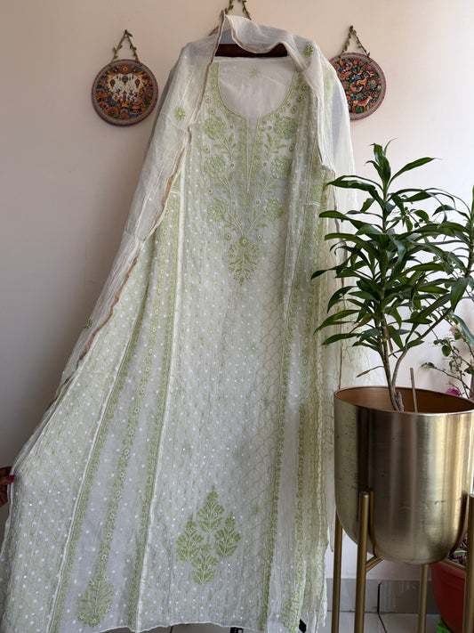 Pure Mul Chanderi Lucknowi Chikankari Anarkali Set with Dupatta | Bel & Jaal Hand Embroidery